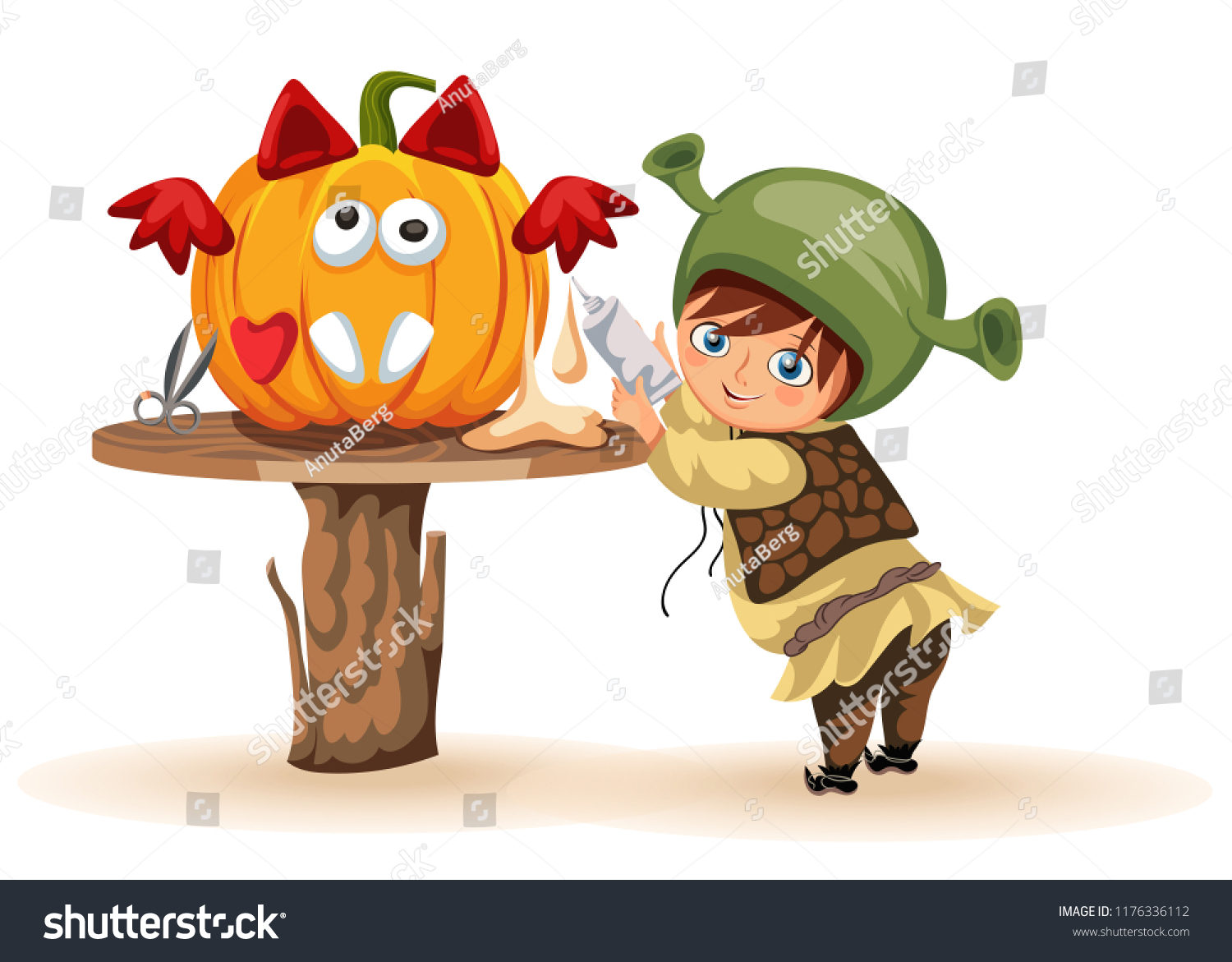 SVG of Cartoon little kid preparing for All Hallows Eve poster. Cheerful child dressed in costume of shrek making Halloween pumpkin vector illustration. Horror party concept. svg