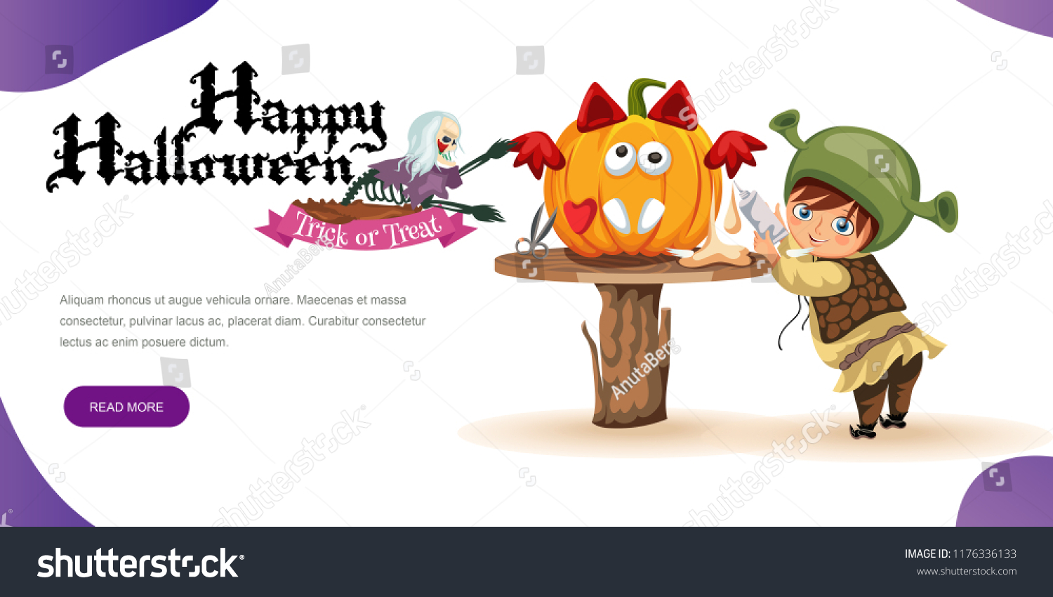 SVG of Cartoon little kid preparing for All Hallows Eve poster. child dressed in costume shrek carving Halloween pumpkin vector illustration template design with promo text elements in colorful background. svg