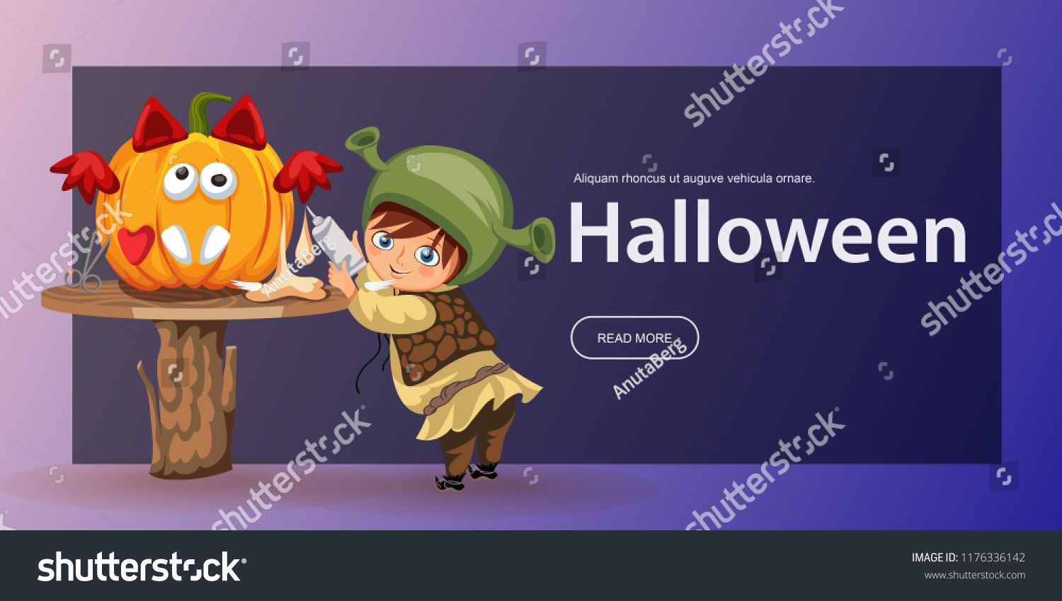 SVG of Cartoon little kid preparing for All Hallows Eve poster. child dressed in costume shrek carving Halloween pumpkin vector illustration template design with promo text elements in colorful background. svg