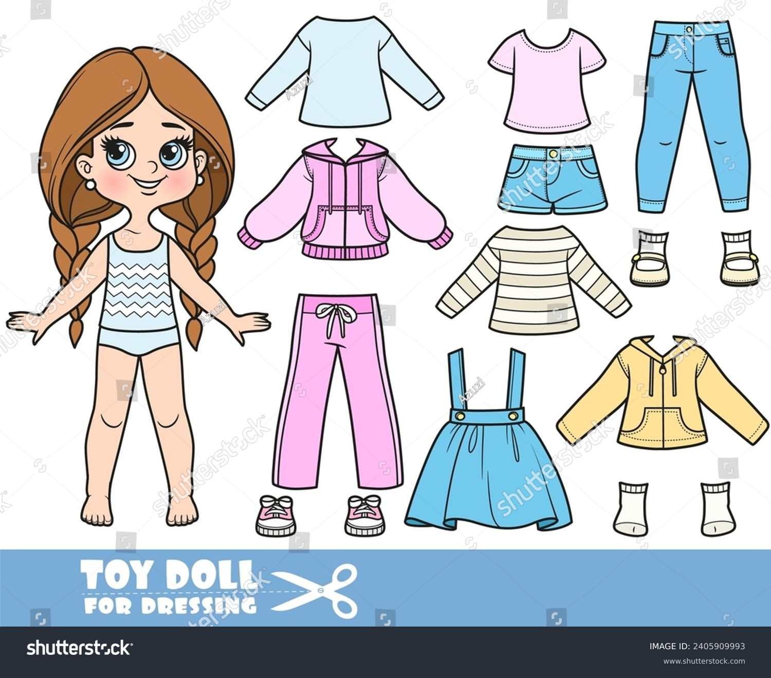 SVG of Cartoon long hair braided girl and clothes separately -  tracksuit, shorts, skirt with straps, jacket, shirt, jeans and sneakers doll for dressing svg
