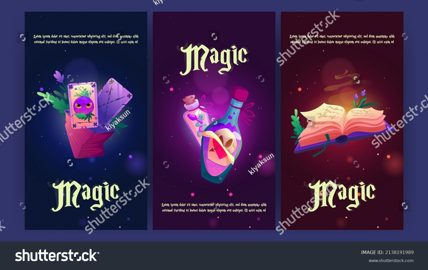 SVG of Cartoon magic posters with witch stuff, magician spell book, cards, plant and potion bottles. Witchcraft background for computer game, wizard, alchemy school education concept, Vector illustration svg