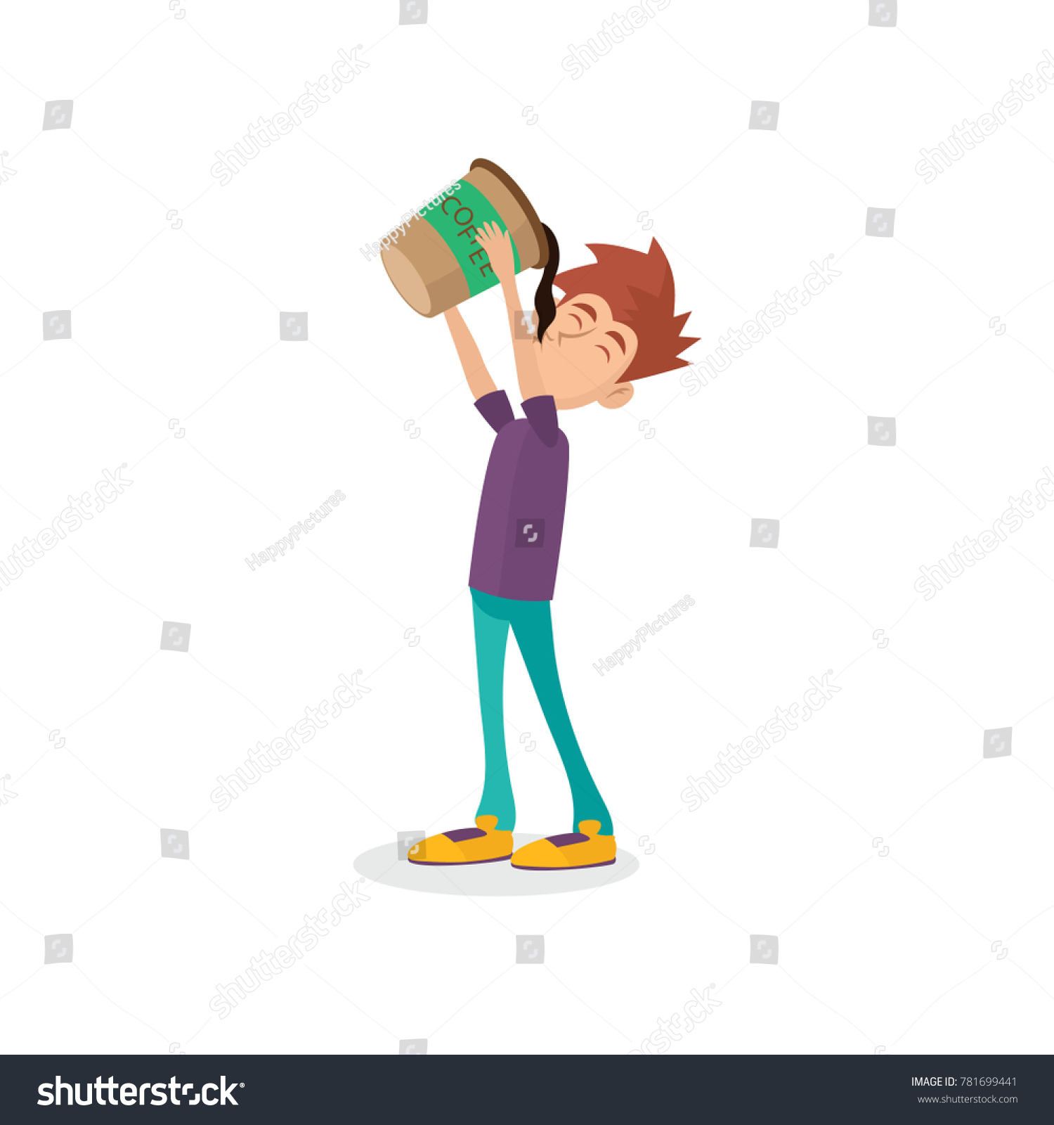 SVG of Cartoon male character drinking oversized cup of black coffee. Man with coffeemania. Caffeine addiction. Bad habit concept. Isolated flat vector illustration svg