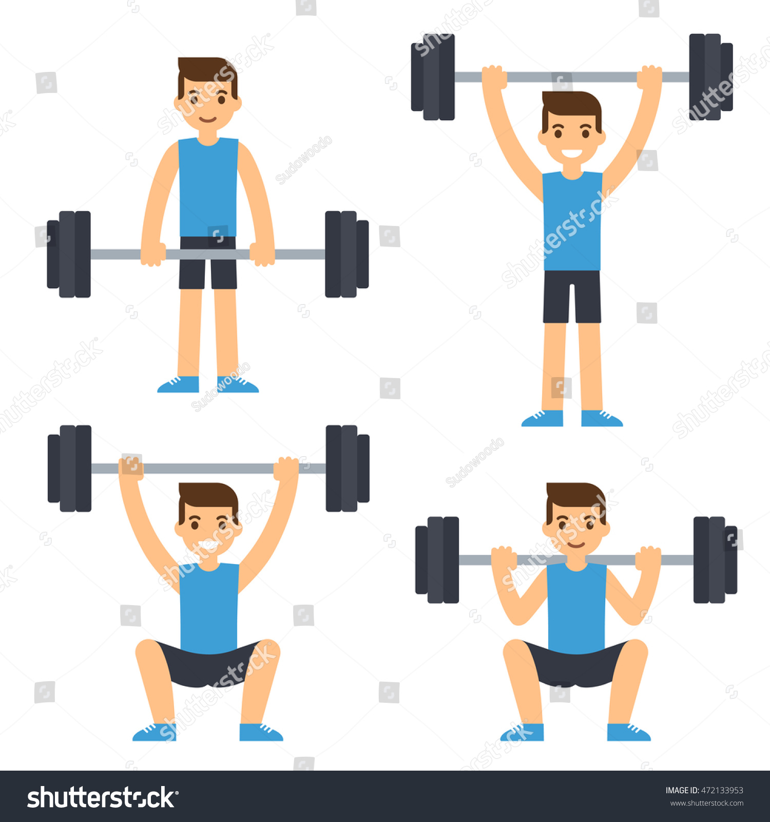 SVG of Cartoon man barbell exercises: squat, deadlift, overhead press. Weight lifting illustration. Modern flat vector style. svg