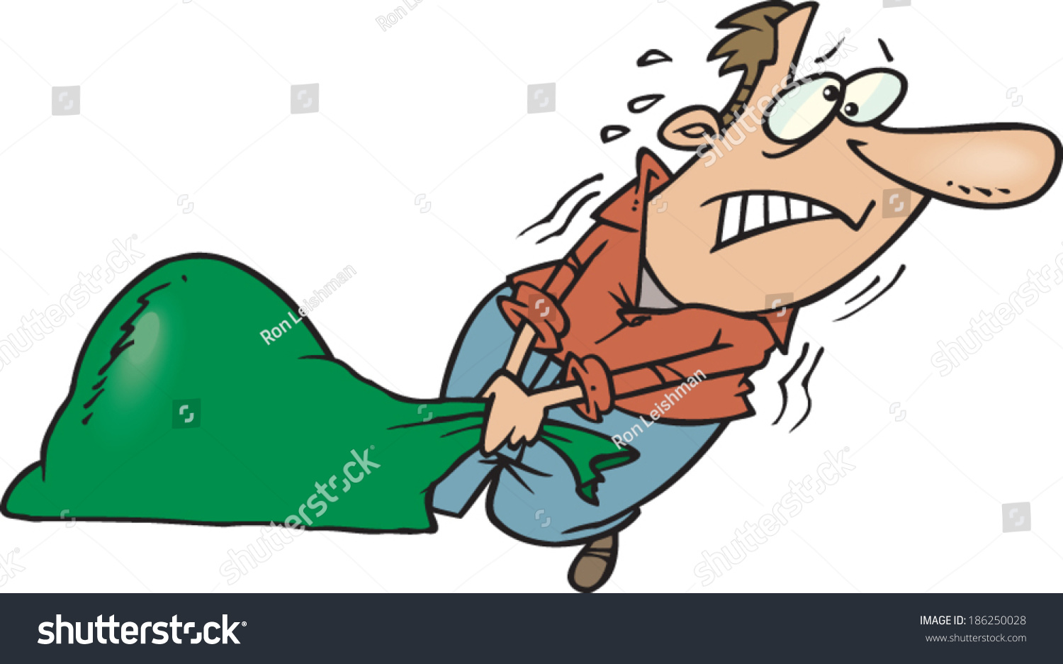 Cartoon Man Dragging Heavy Garbage Bag Stock Vector 186250028