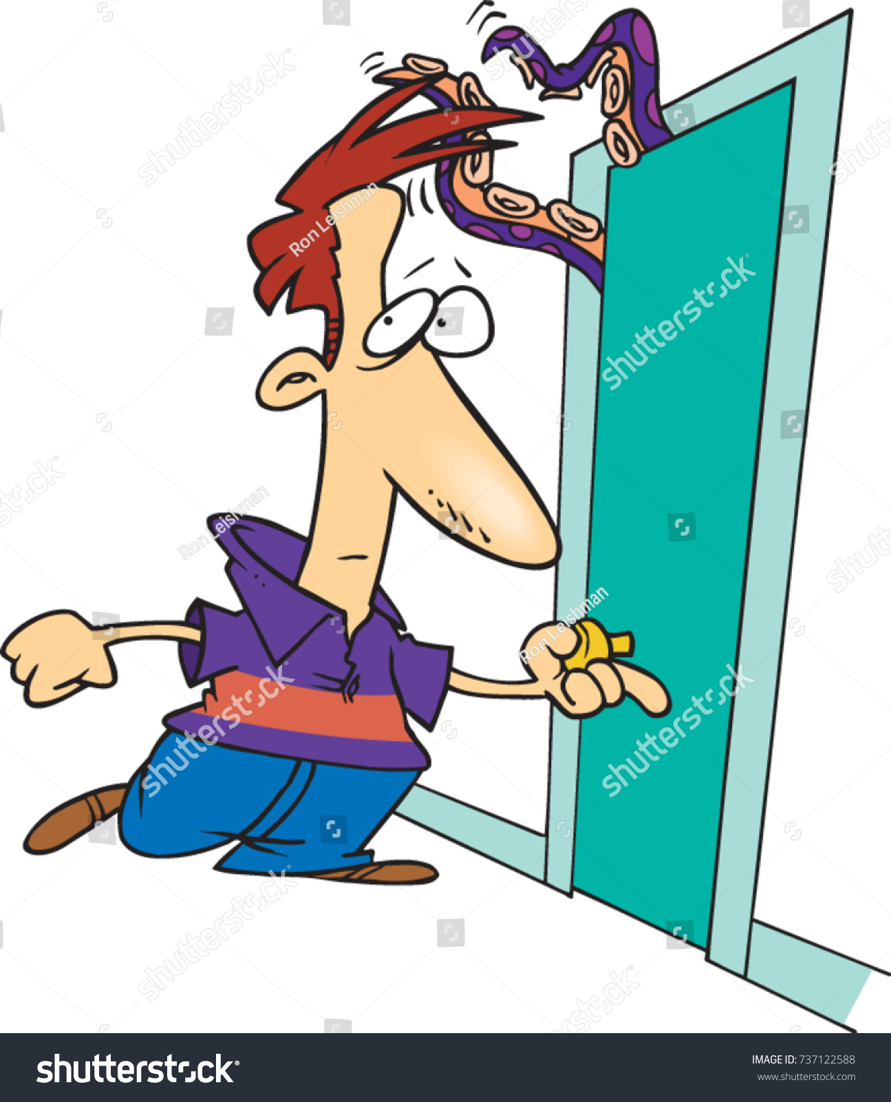 Cartoon Man Nervously About Open Door Stock Vector (Royalty Free ...