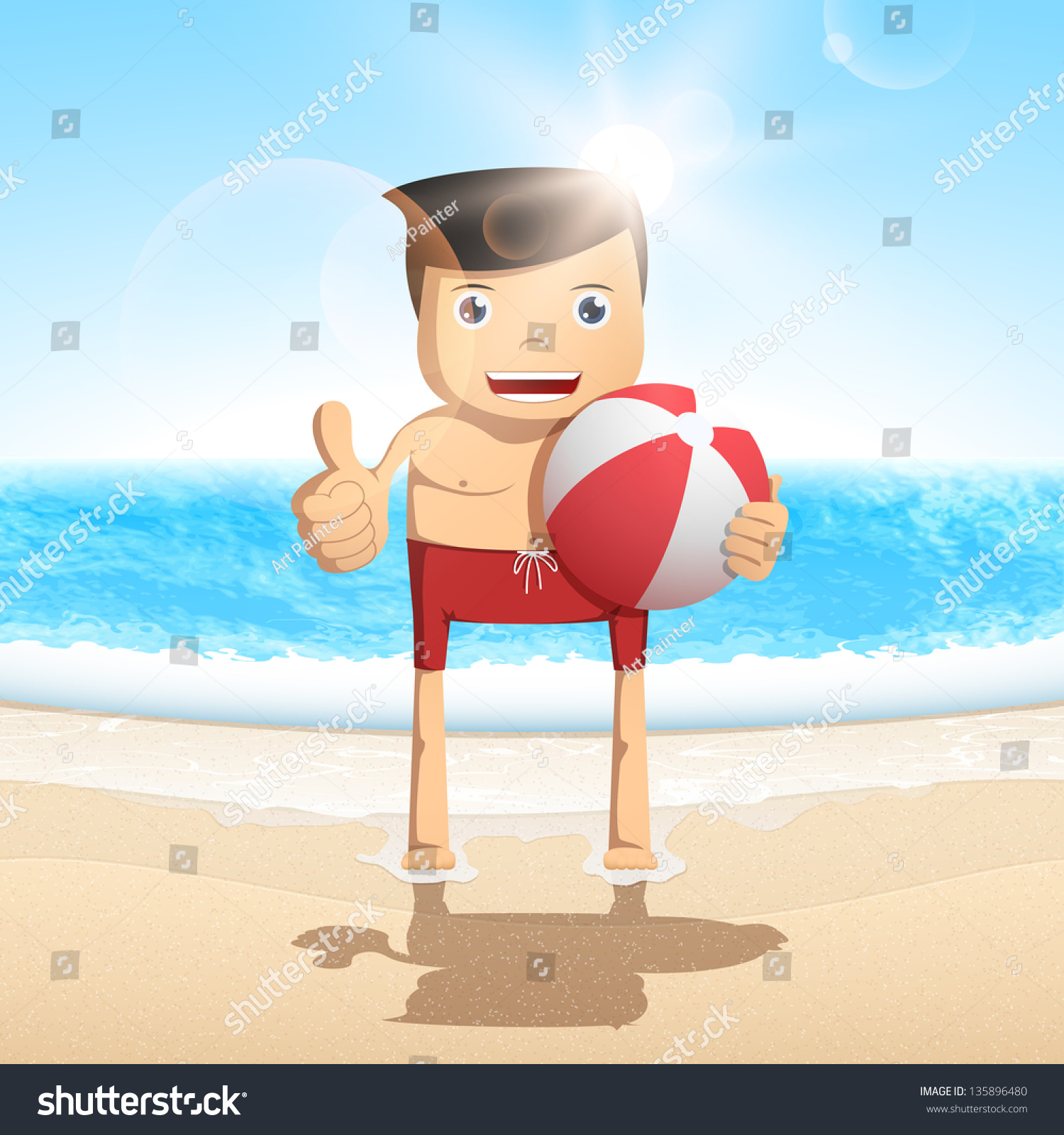 Cartoon Man On The Beach On Background Sea Wave. Vector Character ...