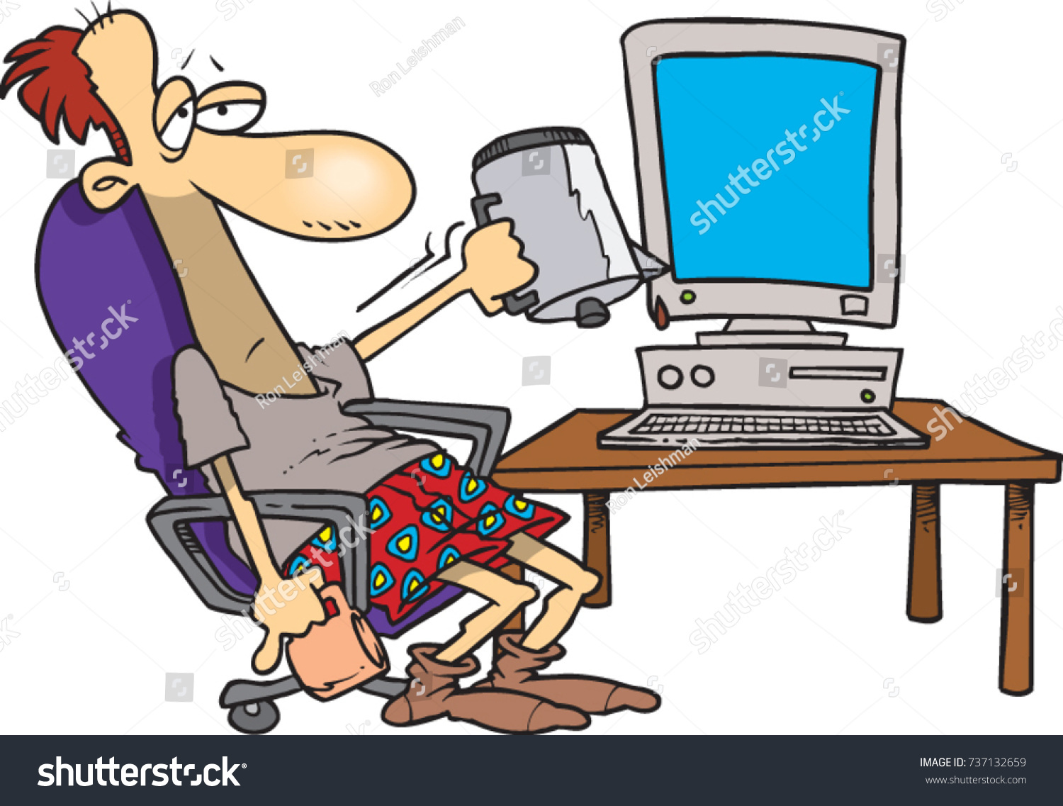 Cartoon Man Sitting His Computer Desk Stock Vector Royalty Free