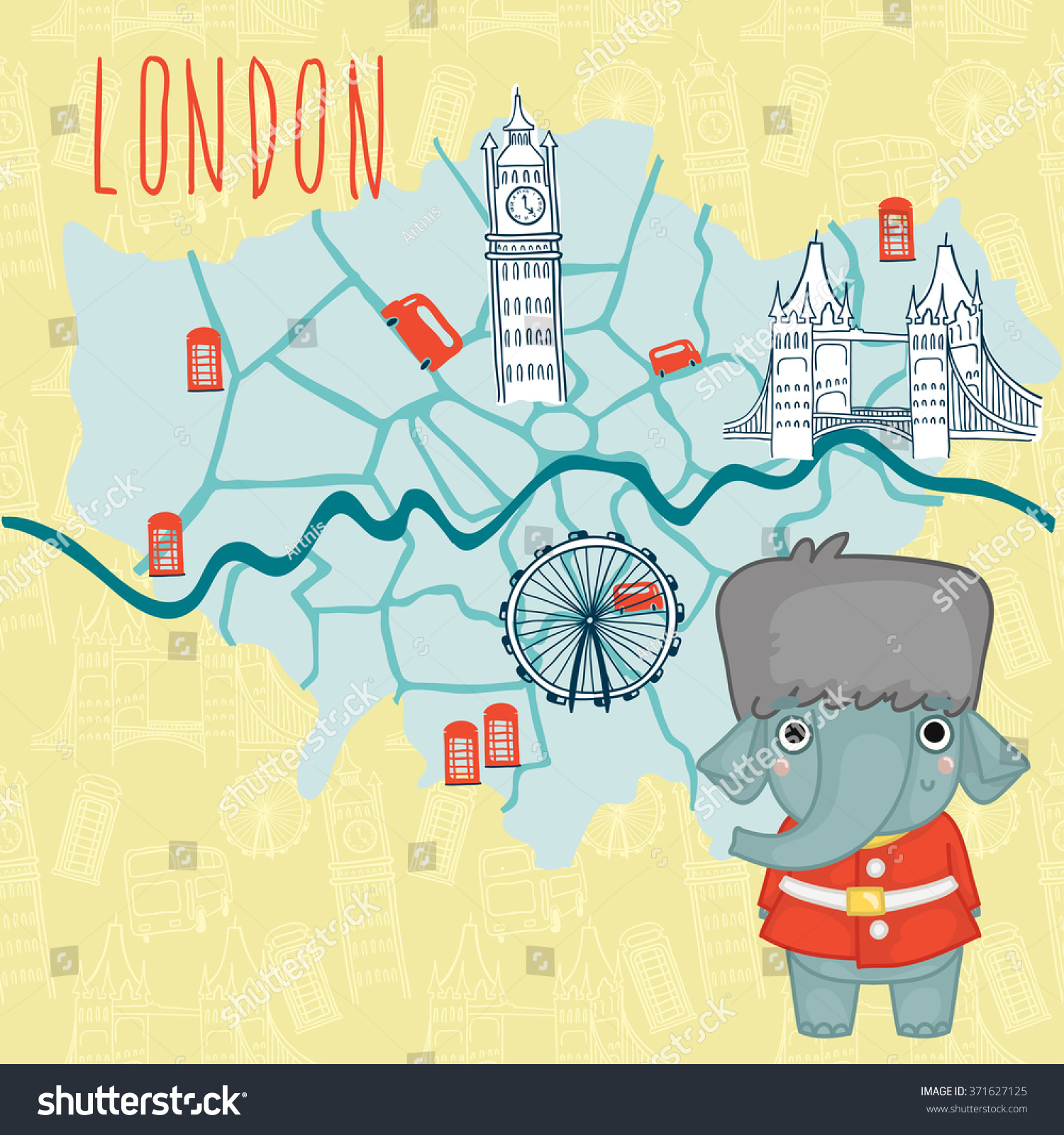 Cartoon Map Of London Cartoon Map London Elephant Stock Vector (Royalty Free) 371627125