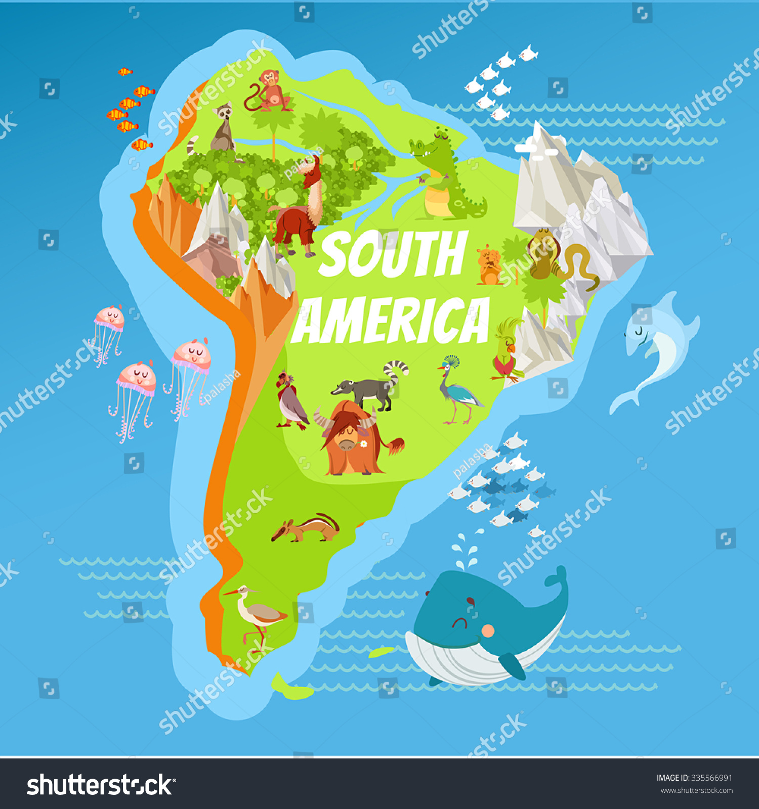 Cartoon Map South America Continent Riversmountains Stock Vector