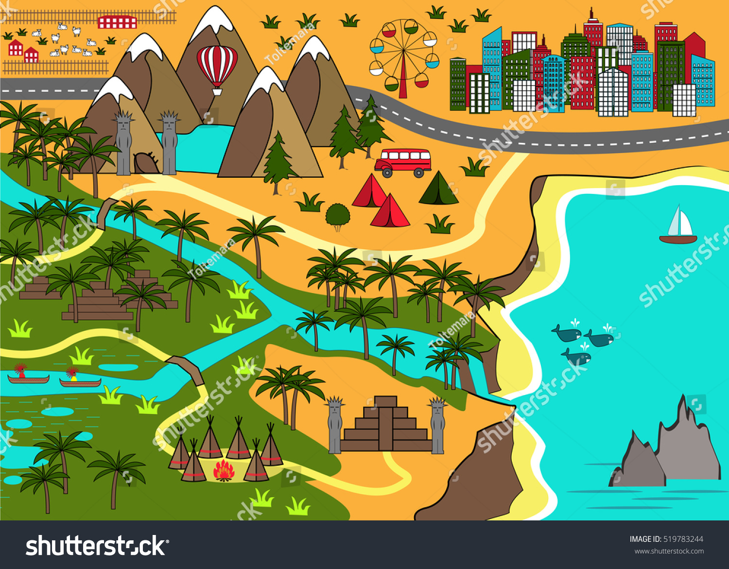 Cartoon Map Sea Mountains River Waterfall Stock Vector 519783244 Shutterstock