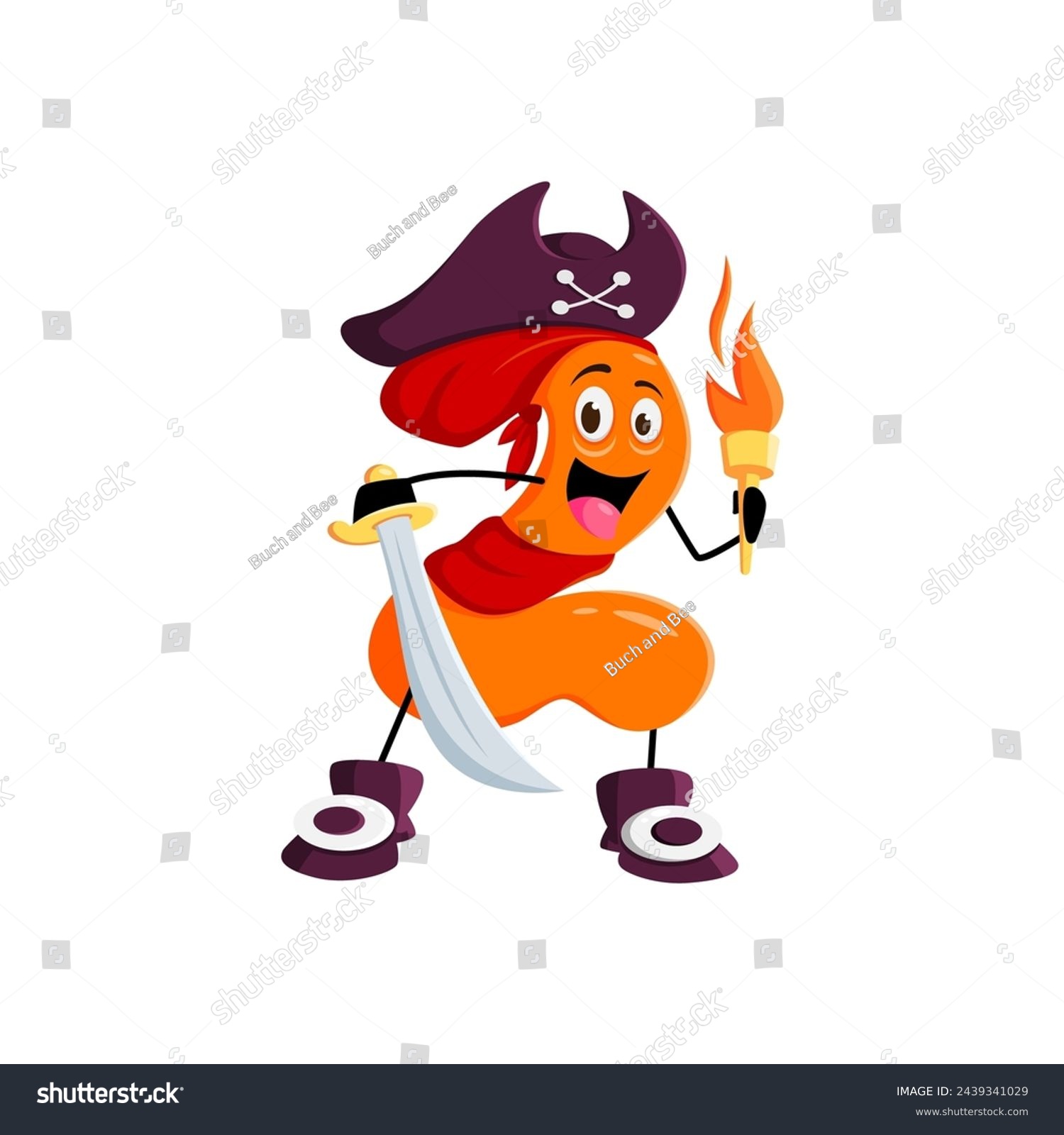 SVG of Cartoon math number two pirate captain and corsair sailor character. Isolated vector 2 personage wields a sharp sword, with a torch in hand, this numerical buccaneer adds adventure to arithmetic svg