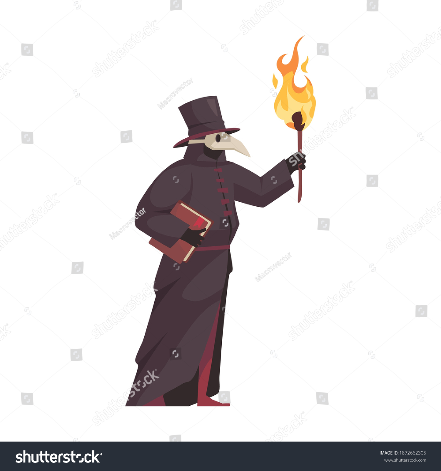 SVG of Cartoon medieval plague doctor in mask with book and torch vector illustration svg