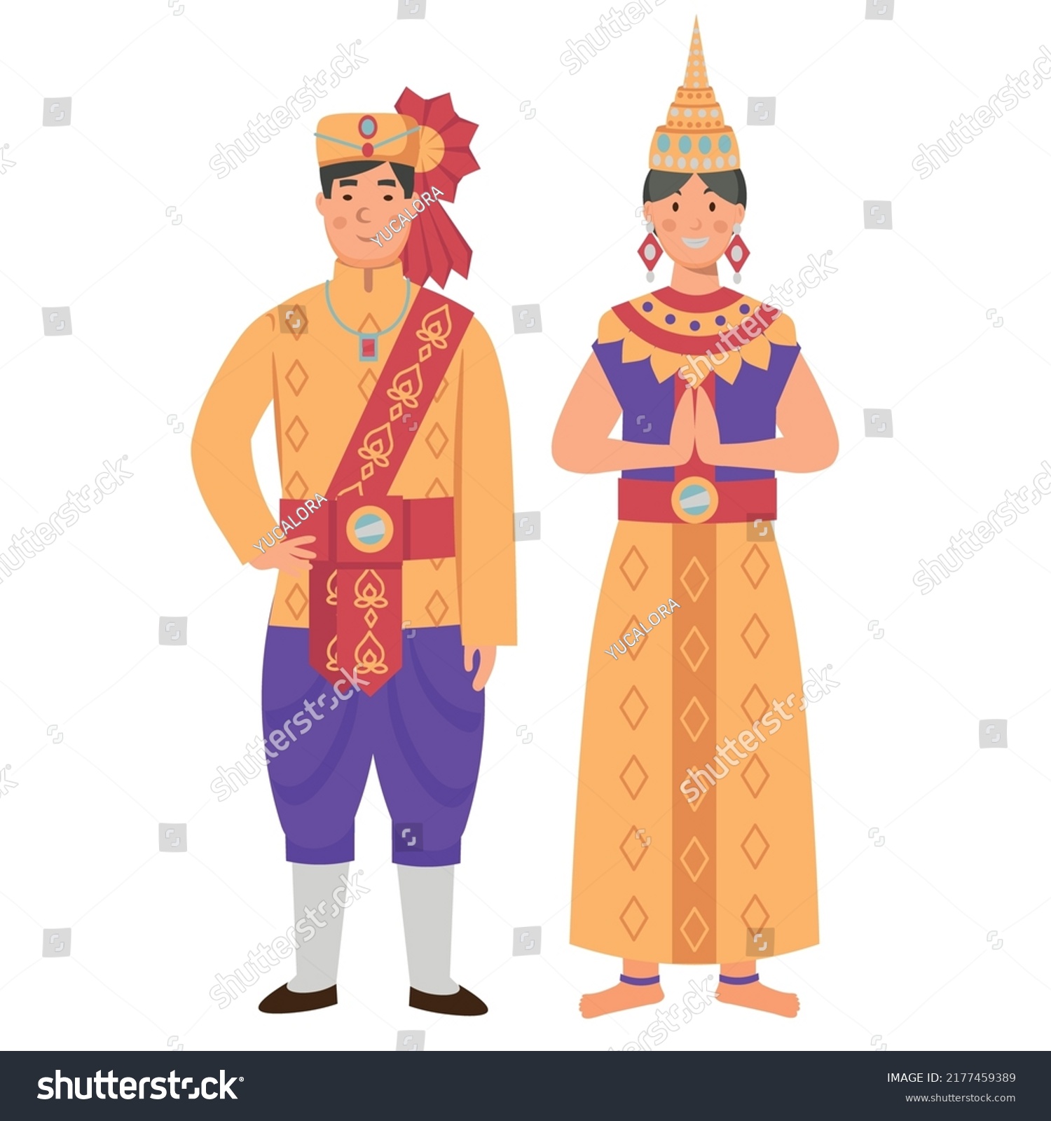 Cartoon Mens Womens Thailand Costume Character Stock Vector (Royalty ...