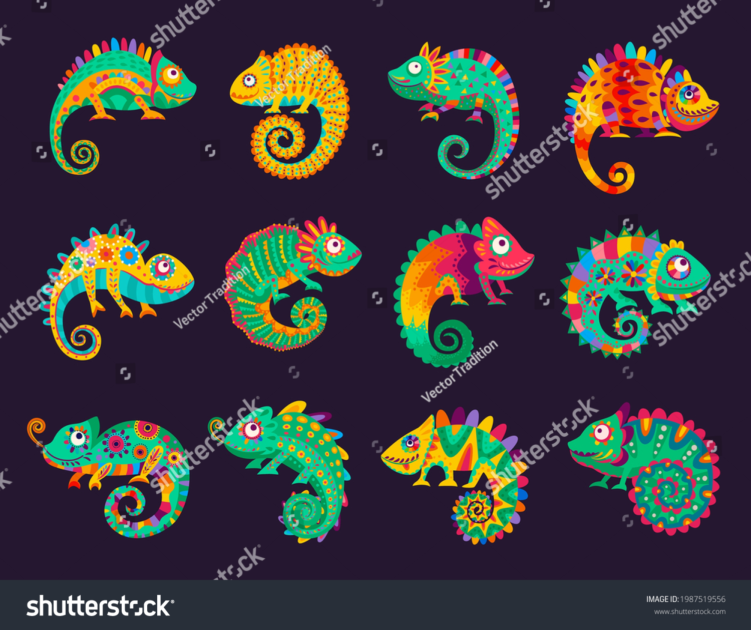 SVG of Cartoon mexican chameleons, vector lizards with ornate colorful skin, long curvy tail, tongue and telescopic eyes. Wild animal, pet, exotic tropical reptile for Cinco de Mayo or Dia de Los Muertos svg