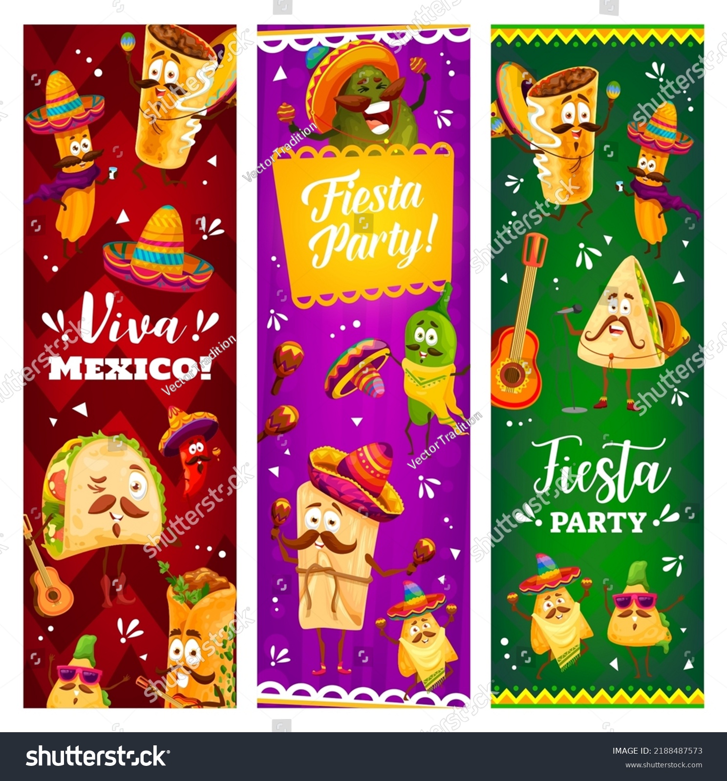 SVG of Cartoon mexican characters on fiesta party. Funny tacos and quesadilla, jalapeno, tamales and nachos, churros, chili pepper and burrito, enchilados happy cute characters in sombrero hat svg