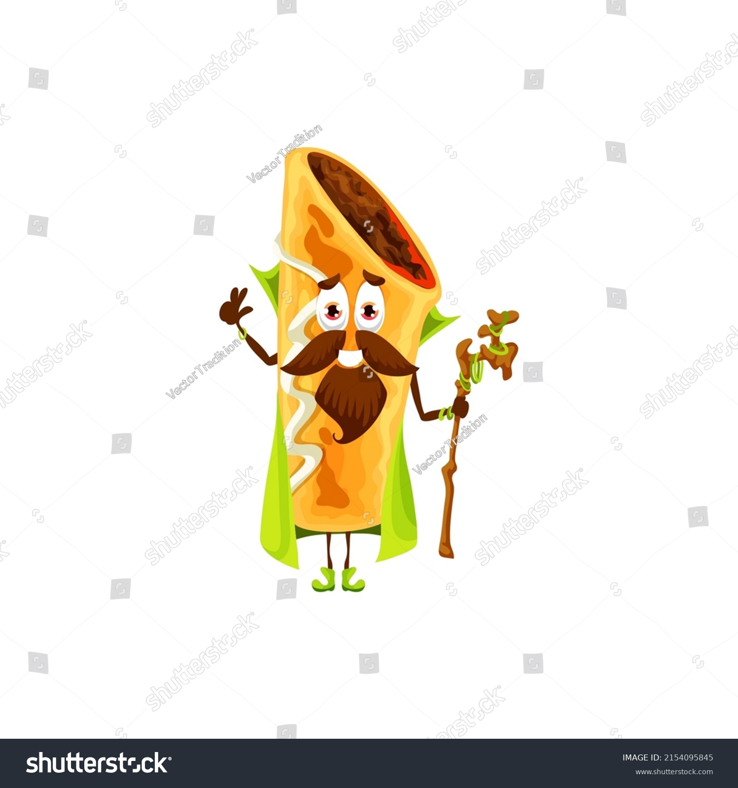 SVG of Cartoon Mexican chimichanga wizard character. Vector tex mex magician snack wiz with wooden staff in hands. Necromancer, funny stuffed roll sorcerer in cape, magic personage, traditional Mexico food svg