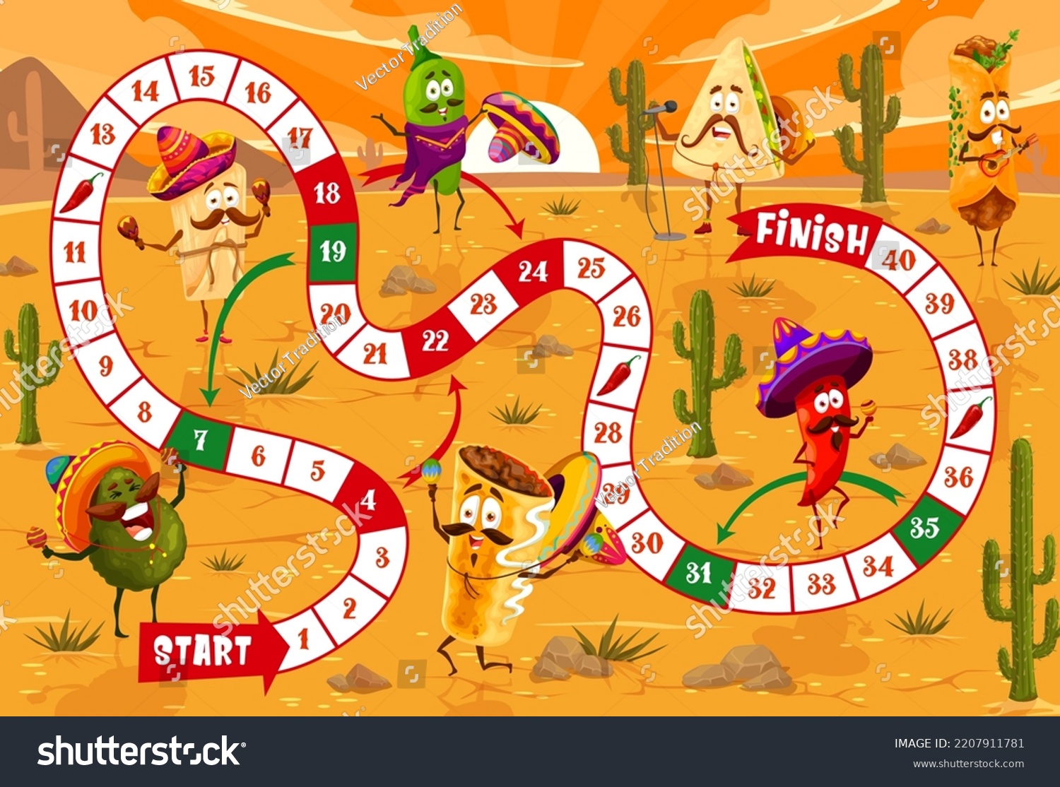 SVG of Cartoon mexican food character in desert kids board game. Vector walk boardgame with numbered snake path and tex mex snacks chili pepper, tacos and jalapeno, burrito and avocado, quesadilla, enchilada svg