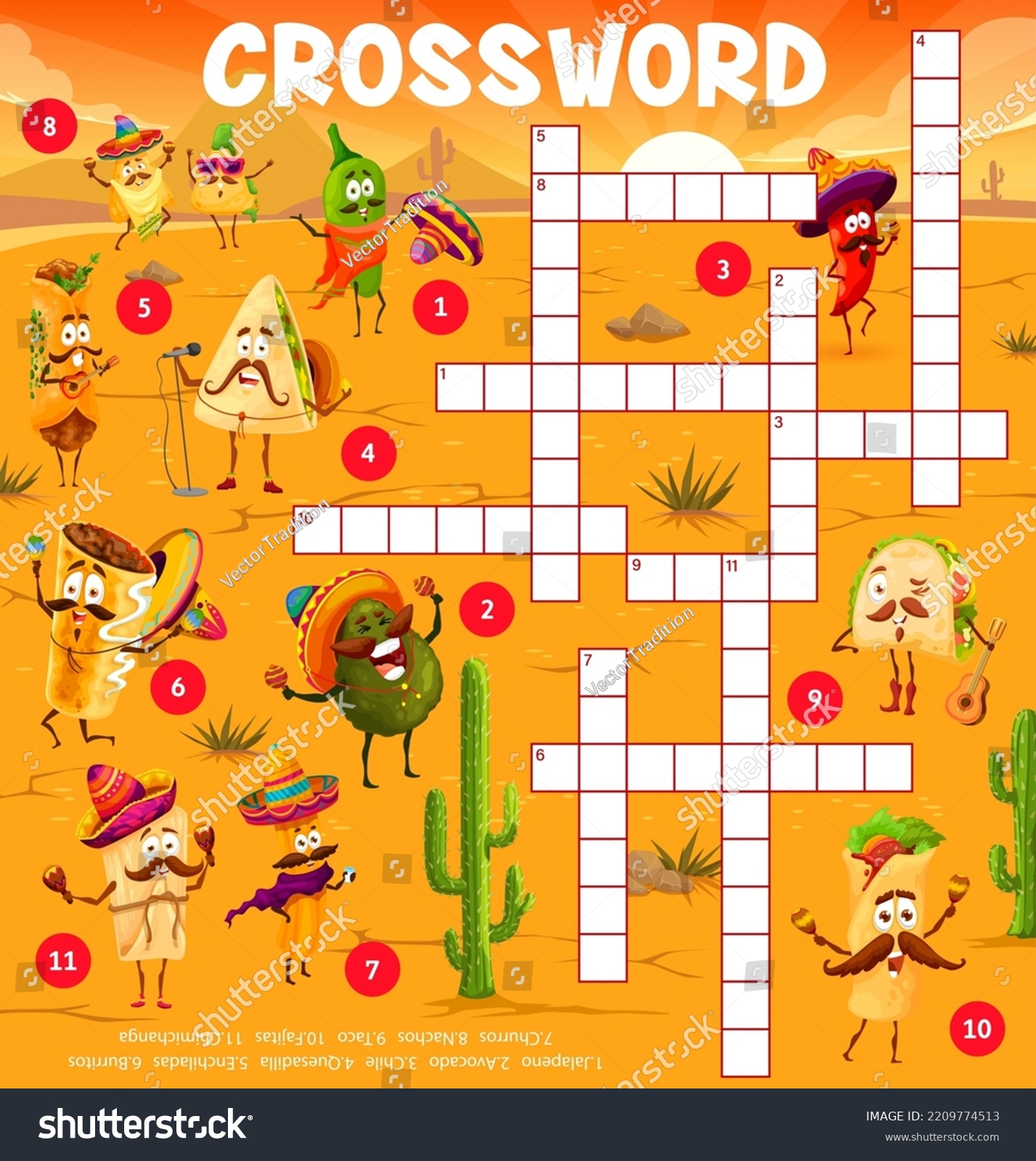SVG of Cartoon mexican food characters crossword puzzle game grid, find a word quiz worksheet. Vector jalapeno, avocado, chile, quesadilla, enchilada, burrito, churros, nachos and taco, fajitas, chimichanga svg