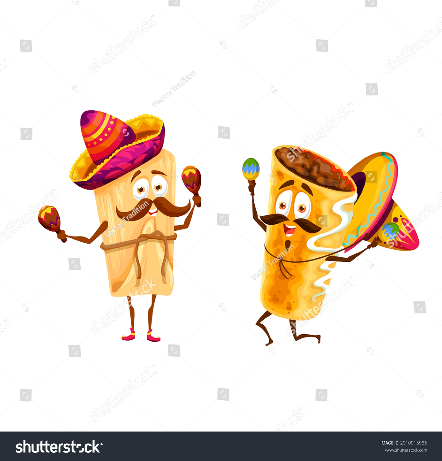 SVG of Cartoon mexican tamales and chimichanga happy characters. Vector mariachi funny musicians in sombrero playing maracas, tex mex fastfood artists with mustaches celebrate national holidays and sing svg