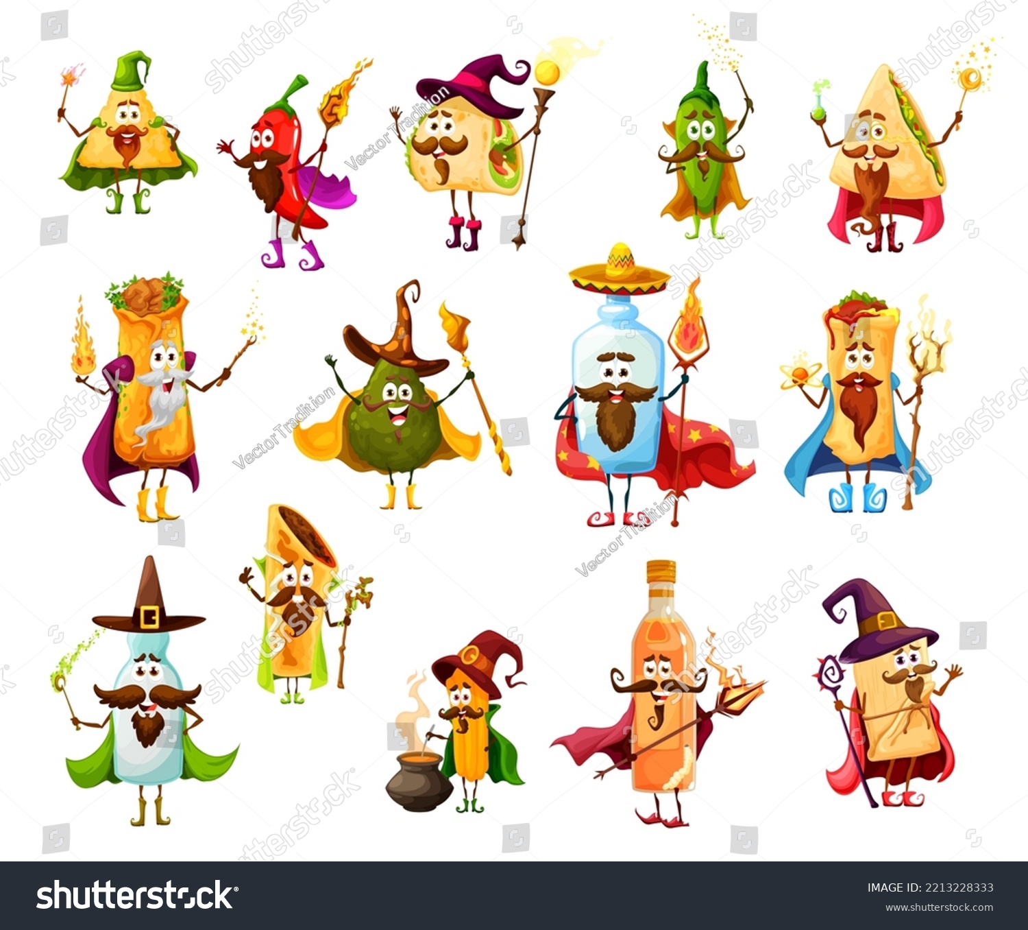 SVG of Cartoon Mexican Tex Mex food mage wizard, witch and magician, vector characters. Kids personages burrito wizard, taco magician, avocado sorcerer with magic wand, chil, jalapeno, quesadilla and churros svg