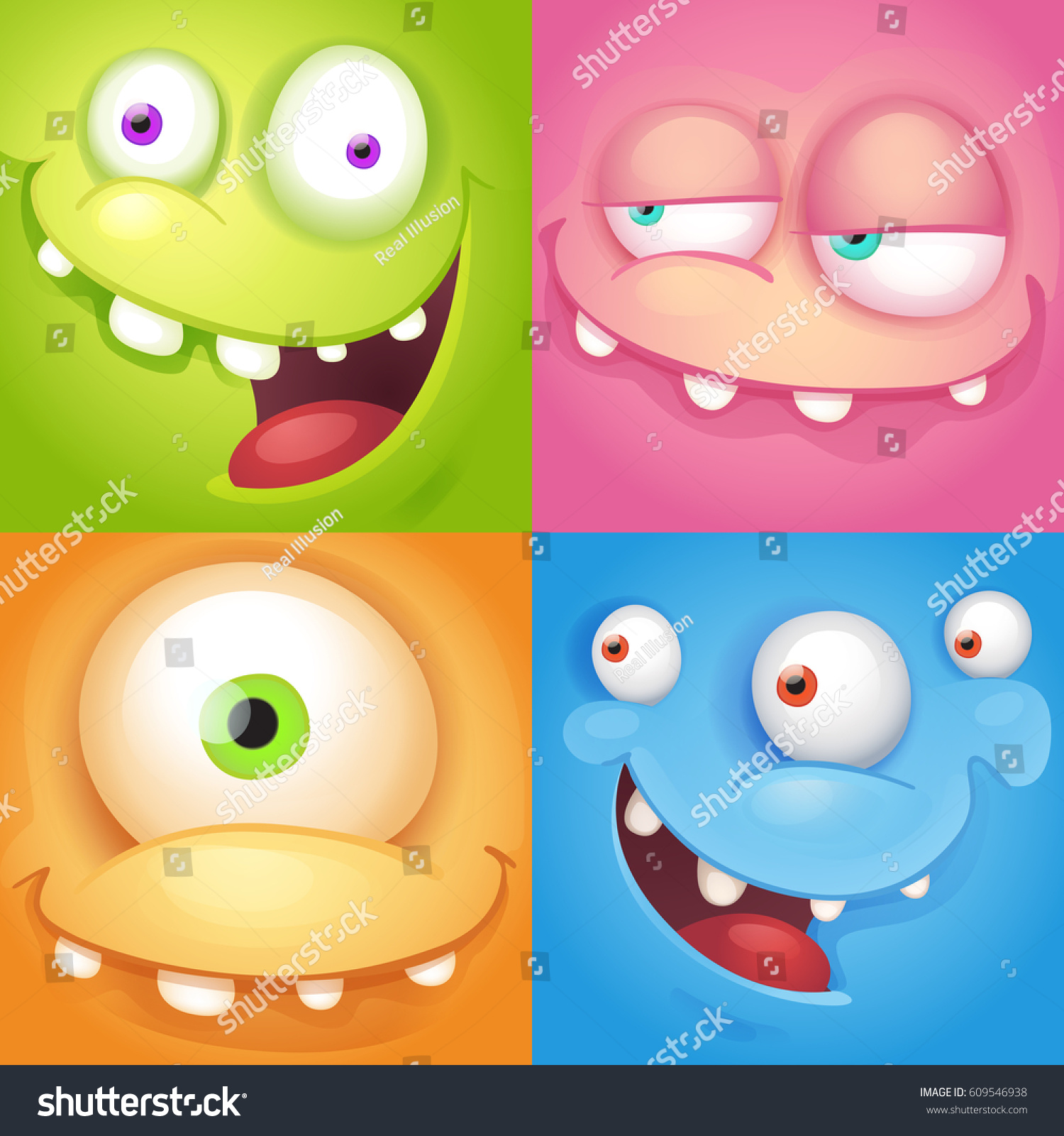 Cartoon Monster Faces Stock Vector (Royalty Free) 609546938 | Shutterstock