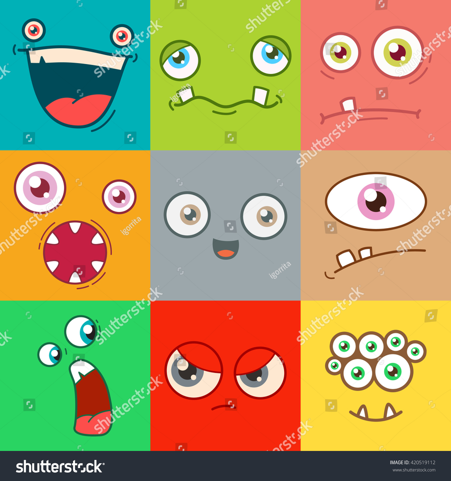 Cartoon Monster Faces Vector Set Cute Stock Vector (Royalty Free) 420519112