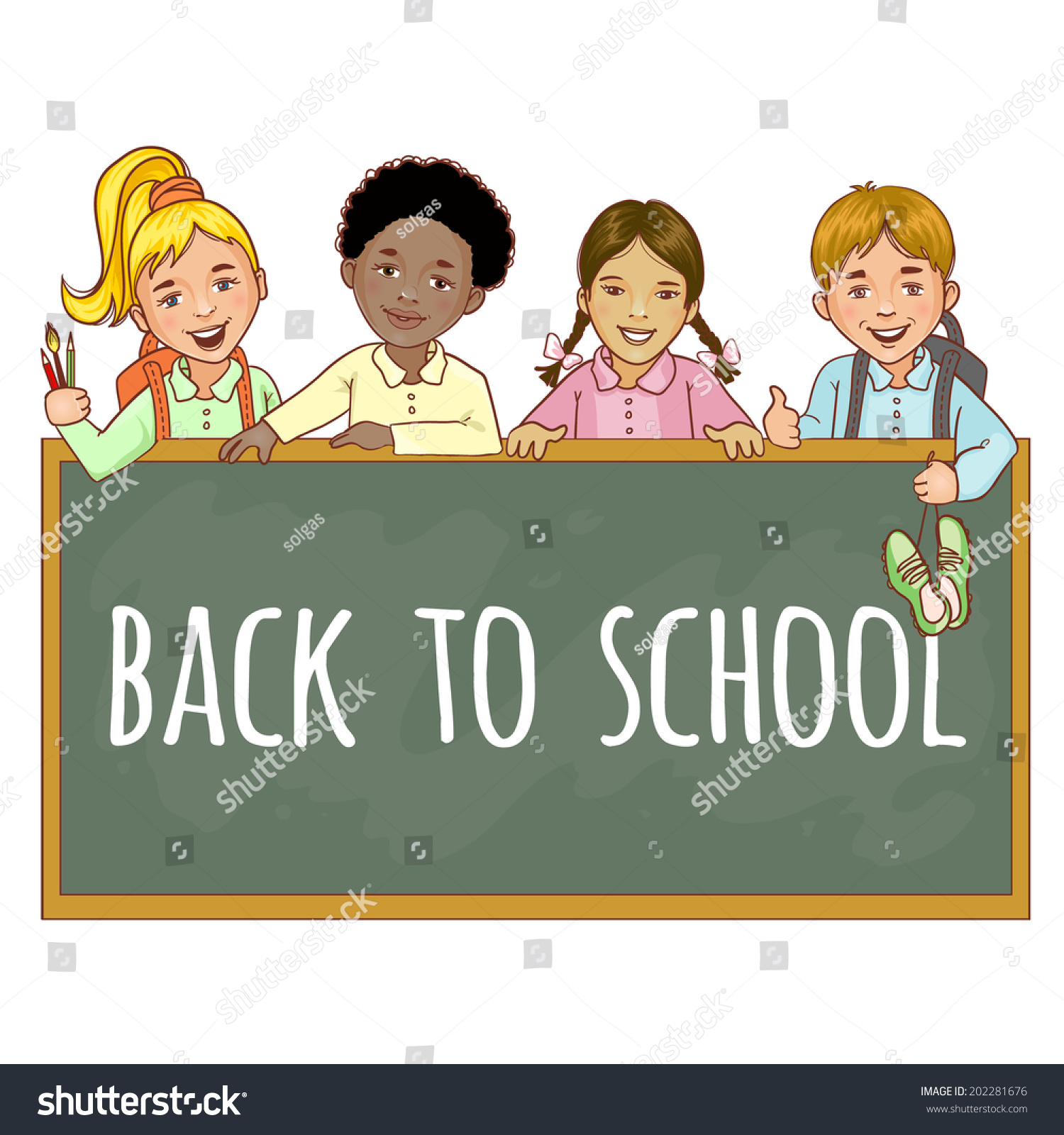 Cartoon Multinational Schoolgirls Schoolboys Blackboard Esp10 Stock 