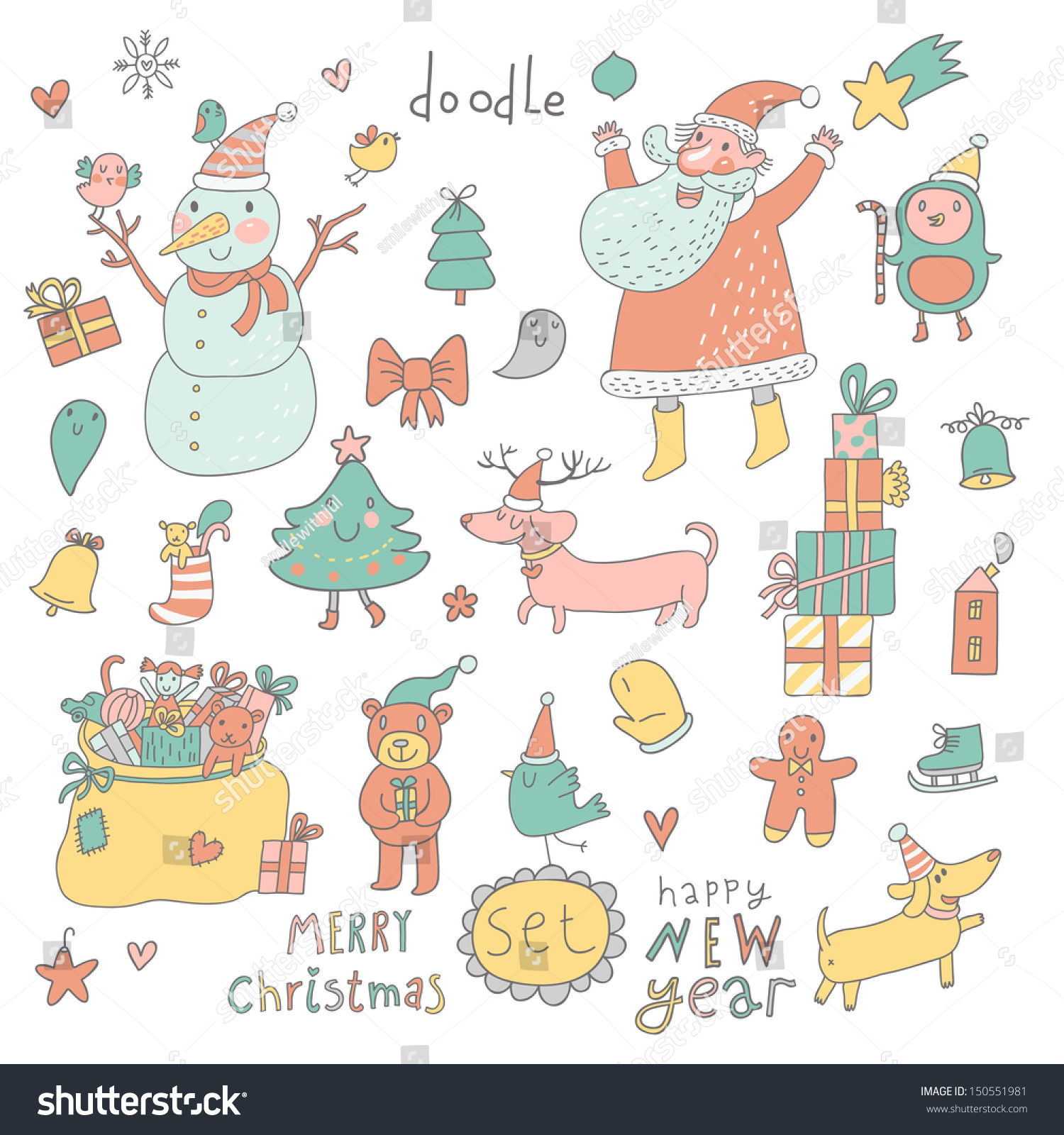 Cartoon New Year and Christmas set in vector Cute Santa Claus Snowman fir