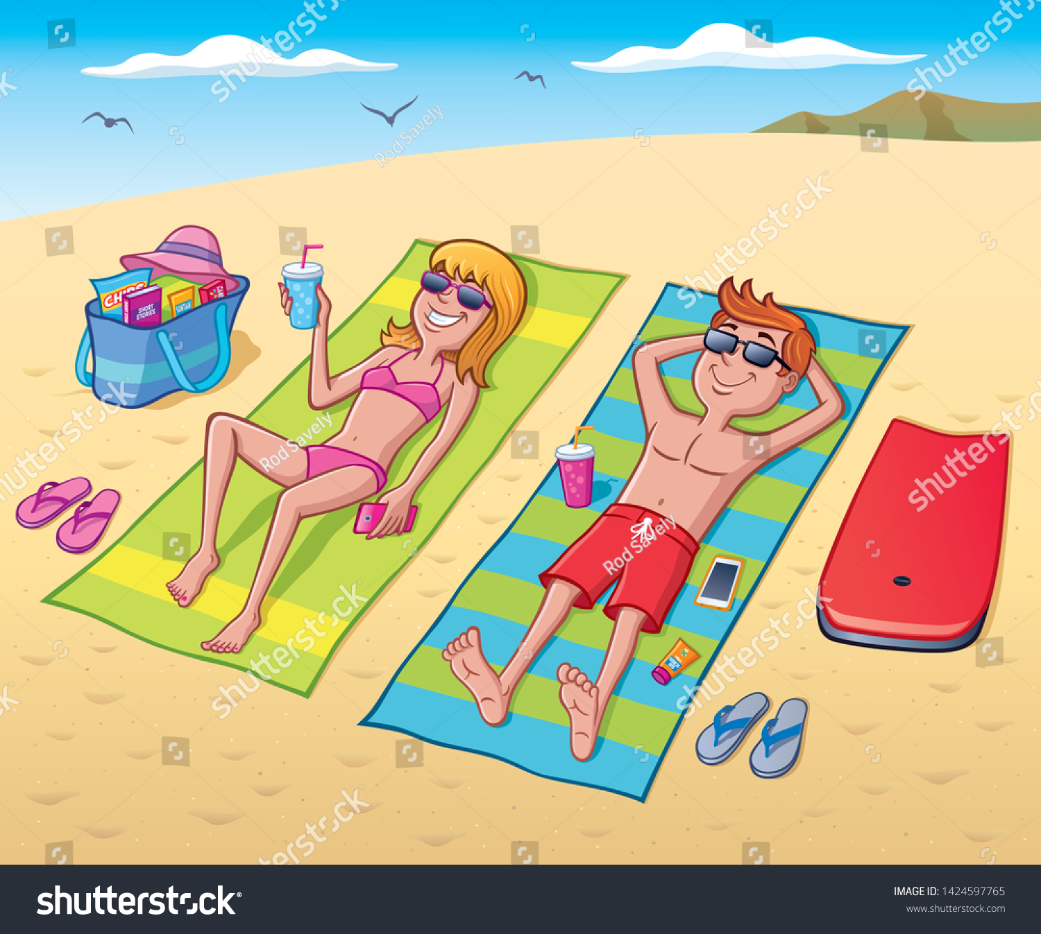 Cartoon Teen Girl Boy Relaxing Beach Stock Vector Royalty Free