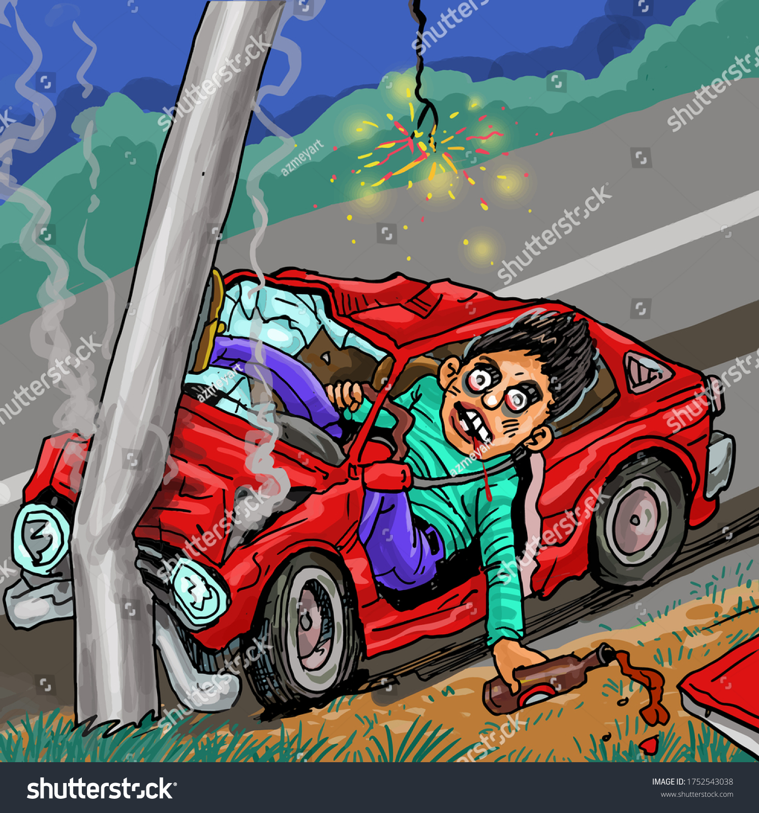 電柱にぶつかって高速道路で起きた飲酒運転事故の漫画 のベクター画像素材 ロイヤリティフリー