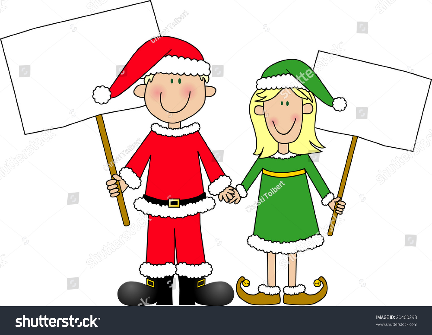 Cartoon Of Young Boy And Girl Dressed In Santa Claus & Elf Suits ...