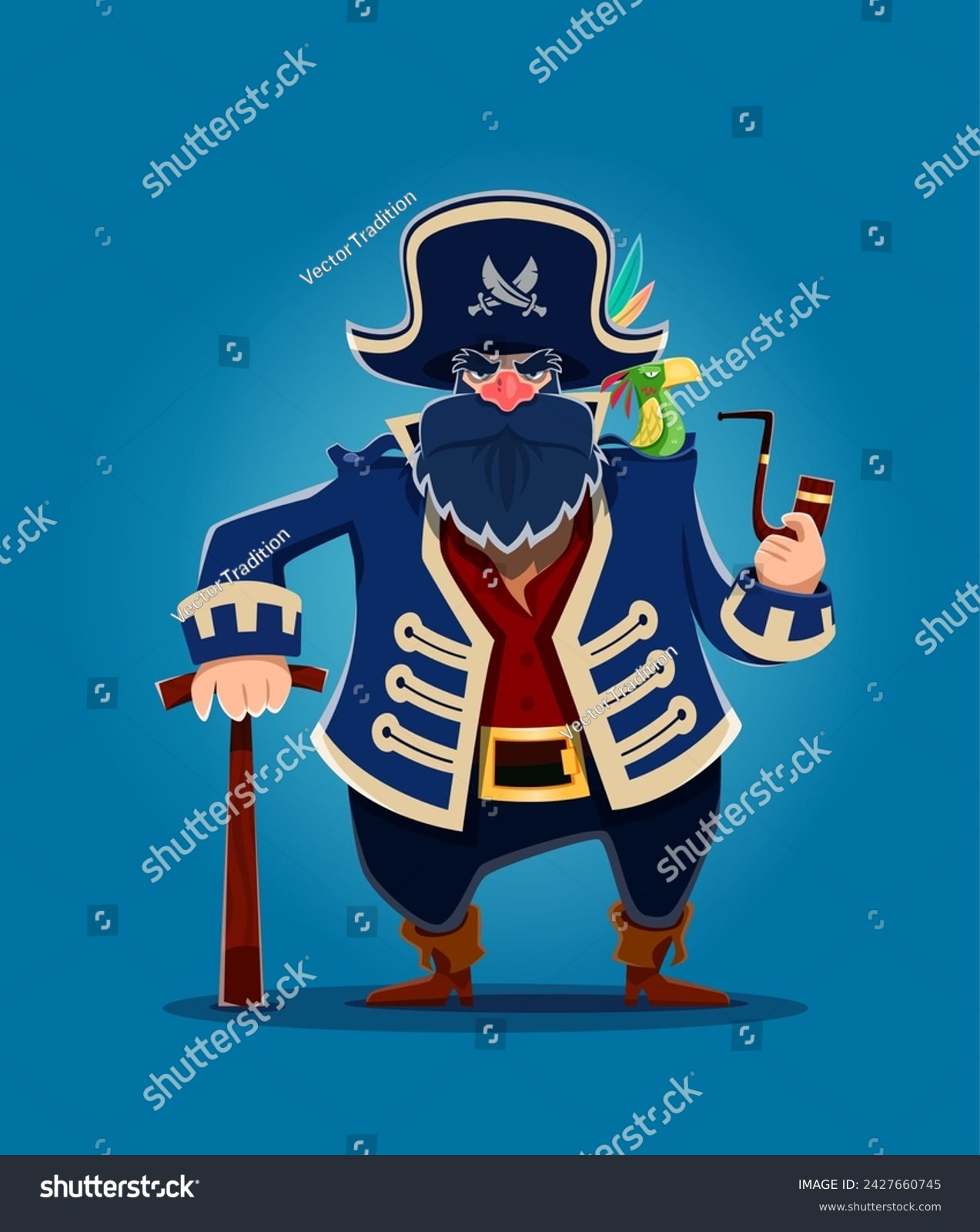 SVG of Cartoon old pirate captain. Corsair sailor character with smoking pipe and parrot. Funny pirate captain vector personage with blue beard. Sea robber or buccaneer sailor in corsair jacket, tricorn hat svg