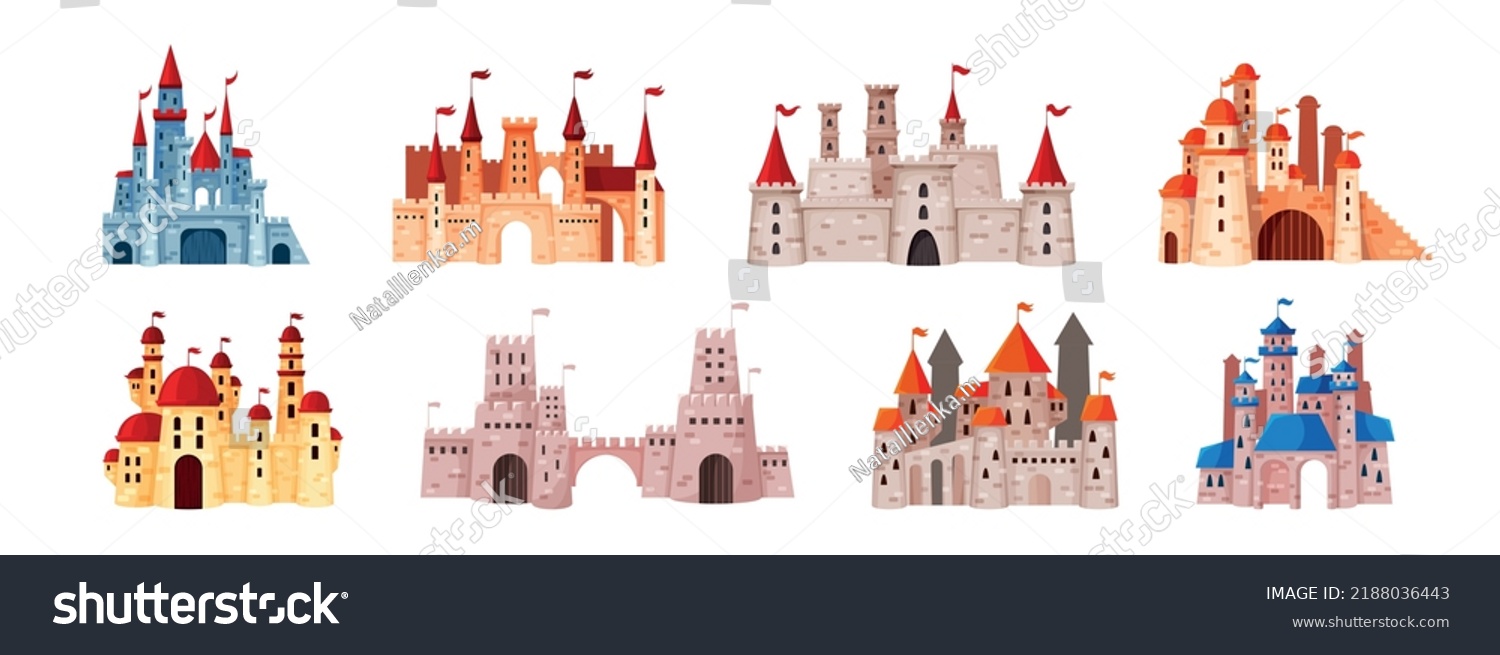 SVG of Cartoon palace and fortress. Old kingdom. Fairy tale architecture set. Kings buildings. Castle with bridges or towers. Medieval princess. Knights fort. Vector fantasy houses collection svg