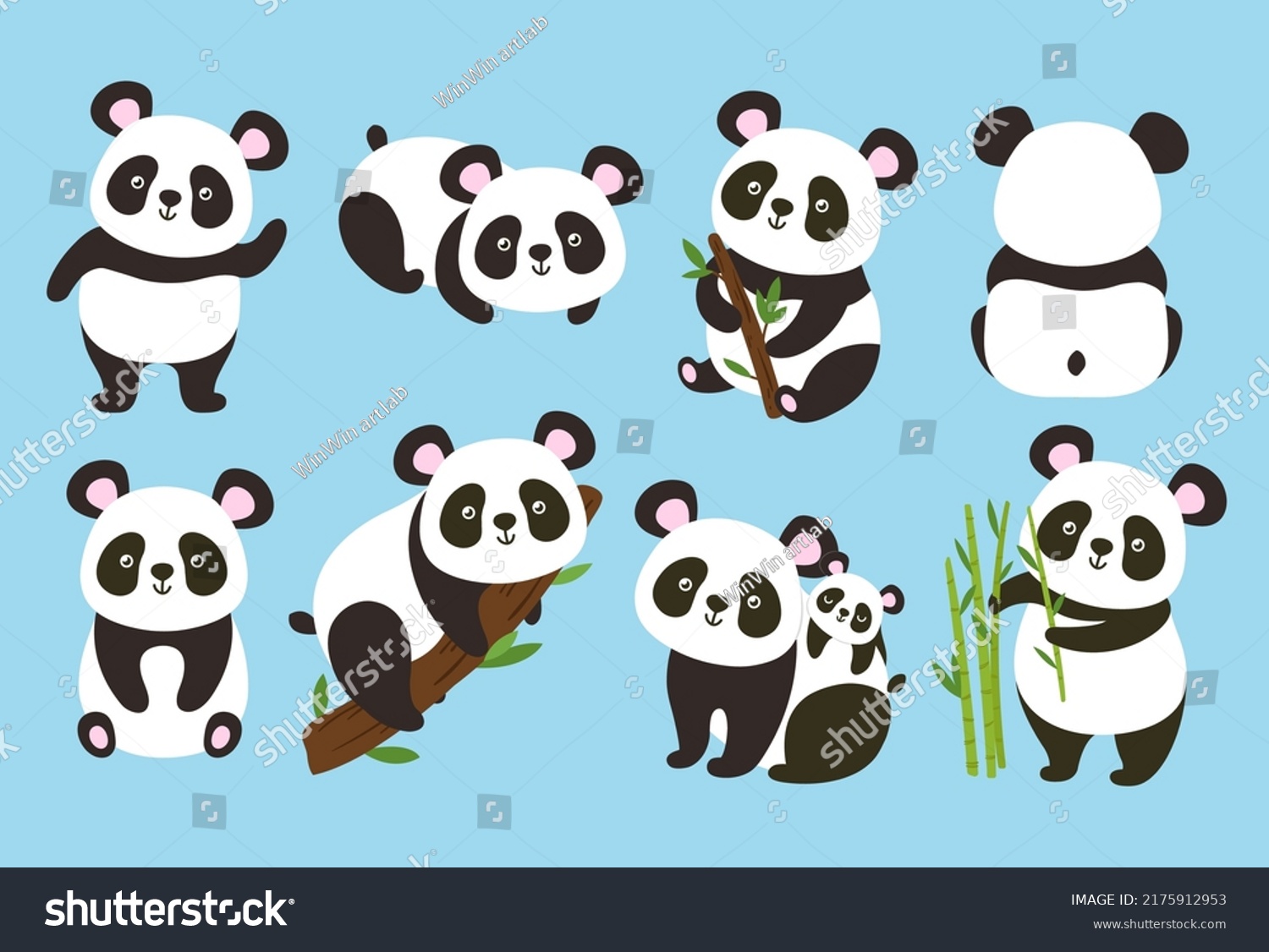 SVG of Cartoon pandas. Cute baby bear with bamboo and tree branches, panda in different poses vector illustration set. Adorable asian characters eating leaves, animal parent sitting with kid on back svg