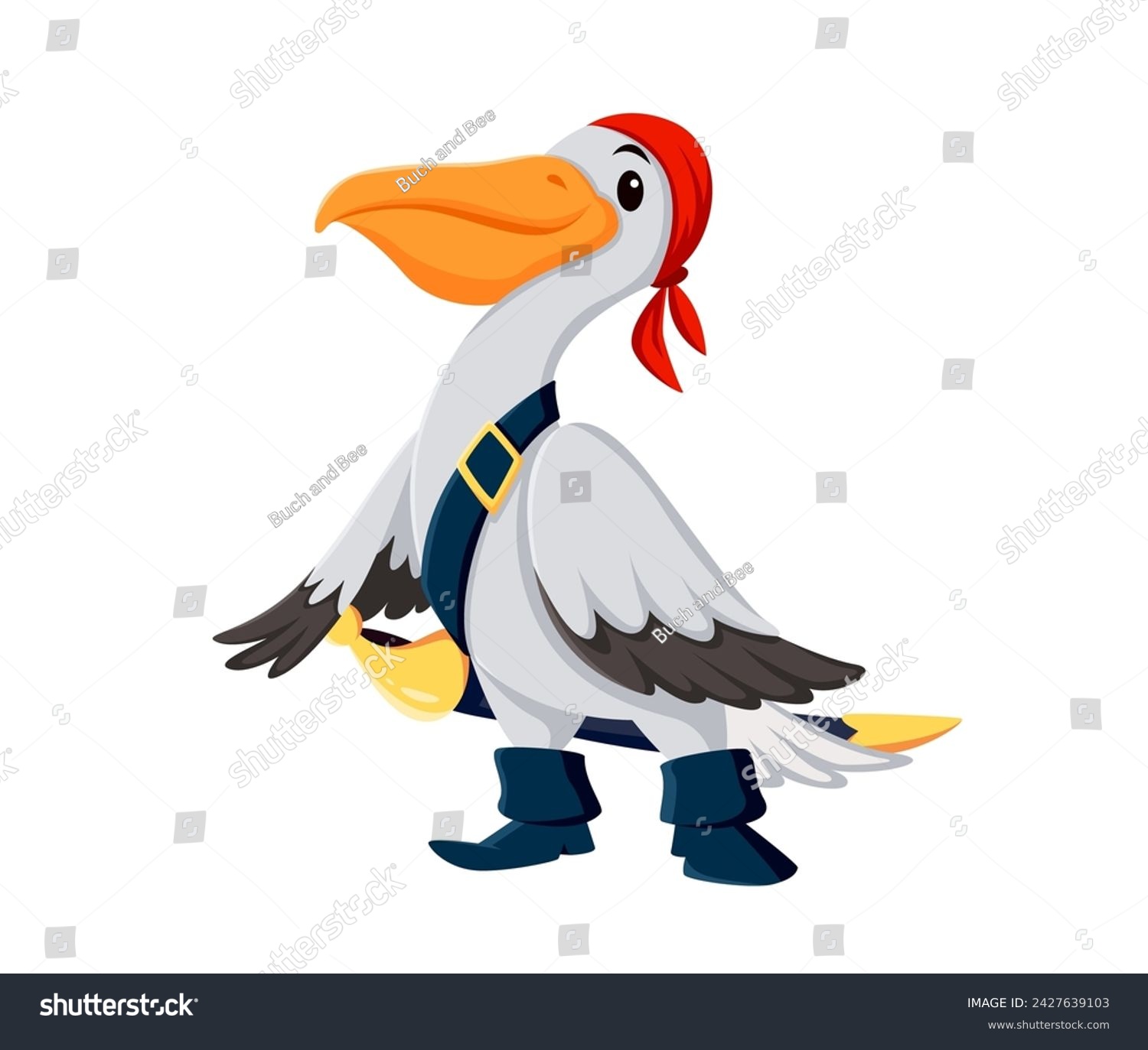 SVG of Cartoon pelican bird pirate corsair animal character. Isolated vector feathered buccaneer sailor personage donning red bandana and sword, squawks orders, searching for fishy treasures on the high seas svg