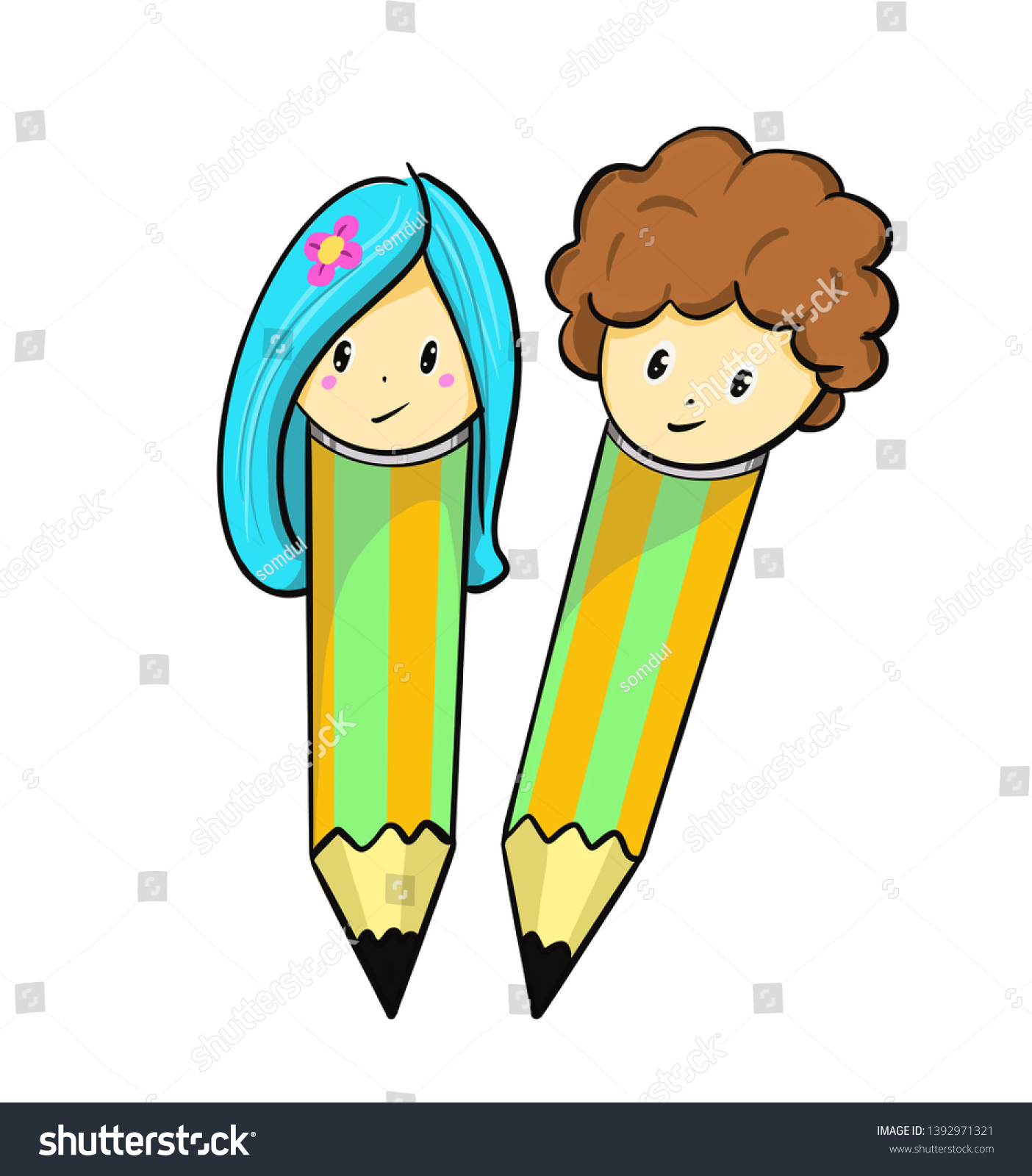 Cartoon Pencils Head Girl Boy Stock Vector Royalty Free