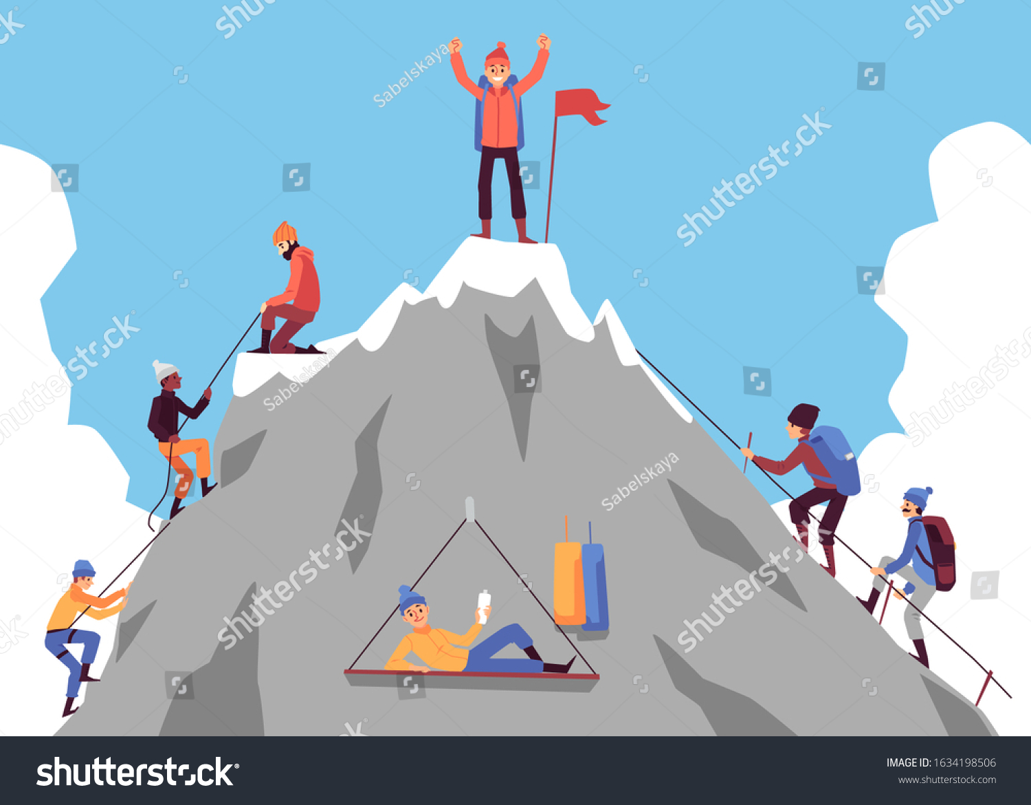 Cartoon People Climbing Mountain Happy Man 스톡 벡터(로열티 프리) 1634198506 ...