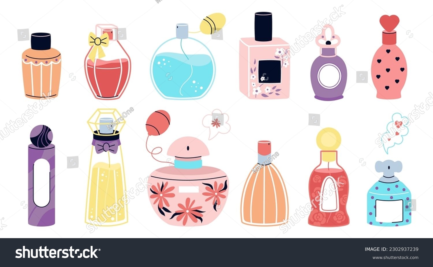 SVG of Cartoon perfume bottles, scented water and perfumes retro packaging. Fashion vintage bottle, decorative girly cosmetics flat decent vector set svg