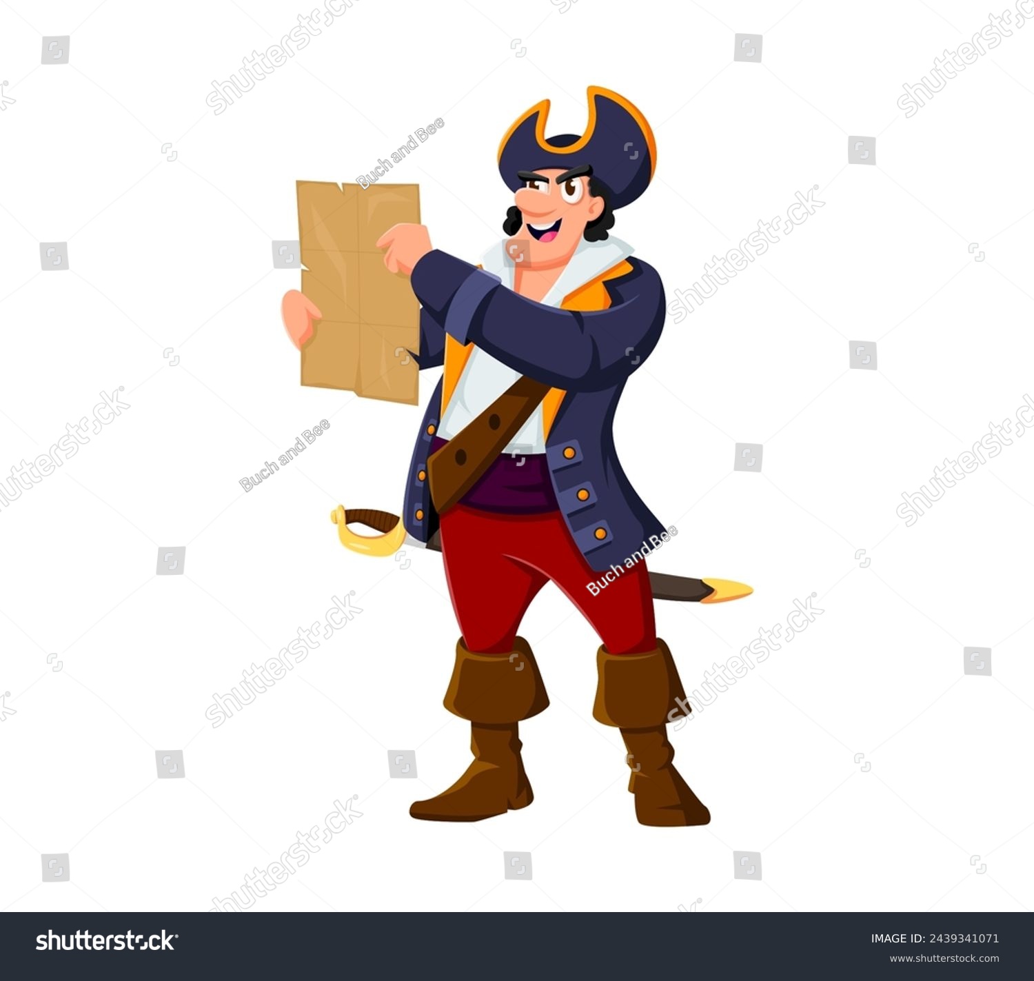 SVG of Cartoon pirate and corsair captain character with treasure map. Isolated vector buccaneer in tricorn hat clutches a weathered parchment, eyes gleaming with anticipation for buried riches and adventure svg