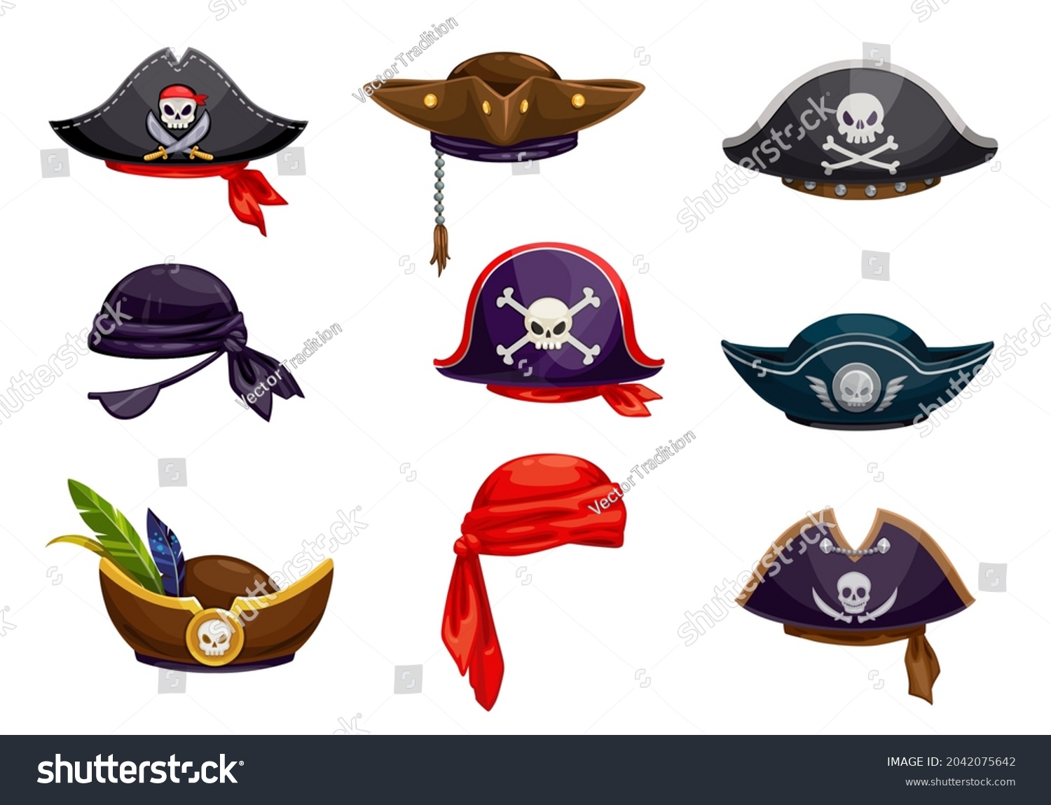 SVG of Cartoon pirate bandana and sailor tricorn or cocked hat set, vector icons. Pirate buccaneer or corsair carnival costume hats with skull and crossbones of merry roger flag, sabers and feathers svg
