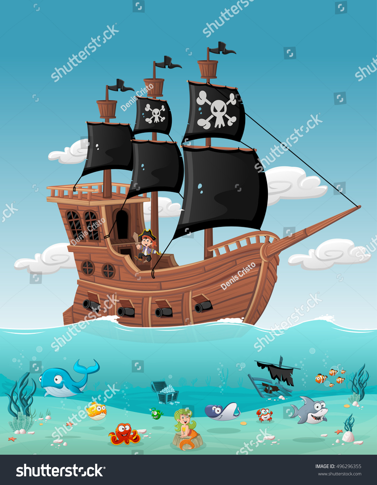 Cartoon Pirate Boy On Ship Fish Stock Vector 496296355 - Shutterstock