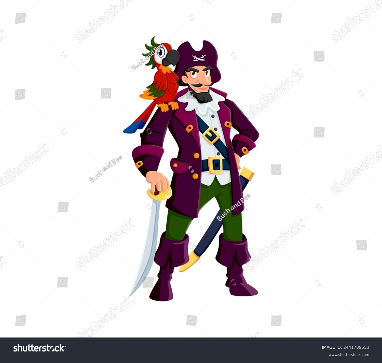 SVG of Cartoon pirate captain character with parrot. Isolated vector charismatic sea corsair or buccaneer personage in traditional hat and costume, confidently stands with colorful bird perched on shoulder svg