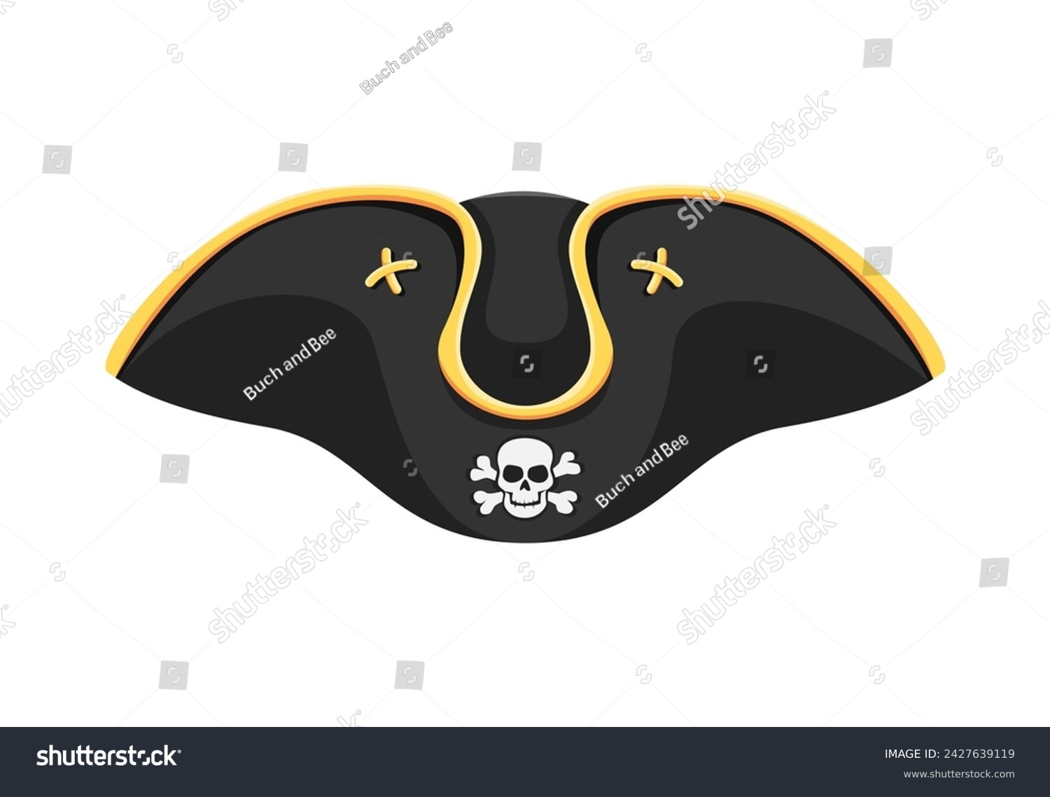 SVG of Cartoon pirate captain tricorn hat, adorned with Jolly Roger skull and crossbones. Isolated vector buccaneer cocked cap with curved brim, accentuating the rover swashbuckling charm on the high seas svg