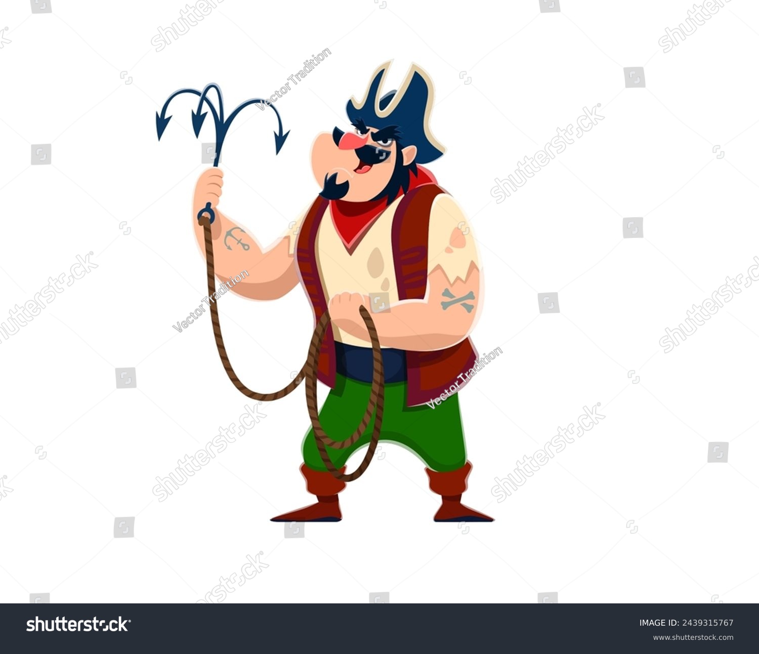 SVG of Cartoon pirate sailor character with grappling hook. Isolated vector swashbuckling, adventurous buccaneer in vest, eye patch and tricorn, bearded corsair ready for robbery and boarding ships in sea svg