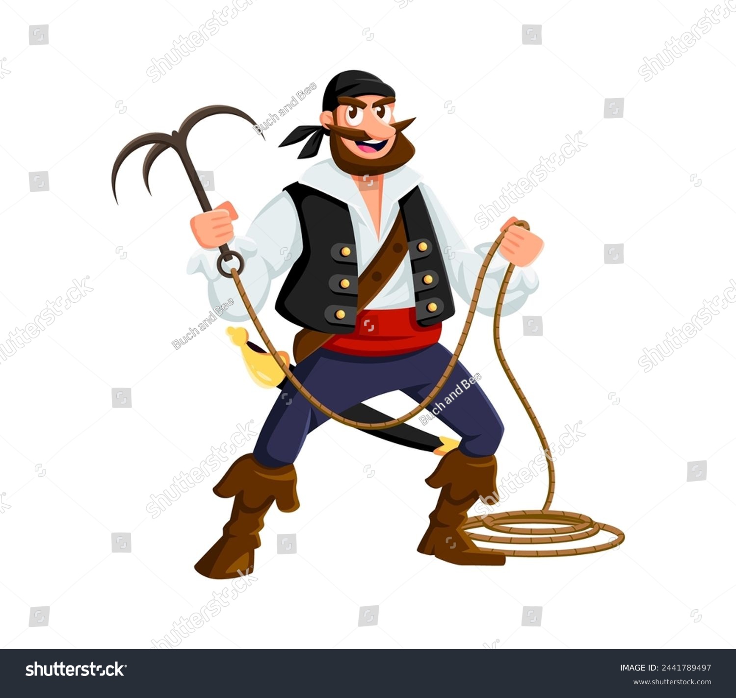 SVG of Cartoon pirate sailor character with grappling hook. Isolated vector swashbuckling corsair, adventurous bearded buccaneer in vest and bandana, ready for robbery and boarding ships in the high sea svg