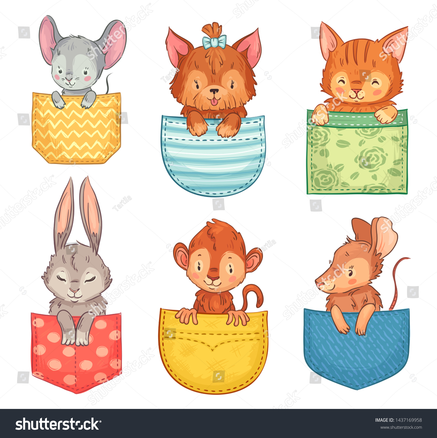 SVG of Cartoon pocket animals. Cute dog, funny cat and bunny. Monkey, mouse and rat animal in pockets. Pocketful puppy and kitty pet character shirt cloth print. Isolated vector illustration icons set svg