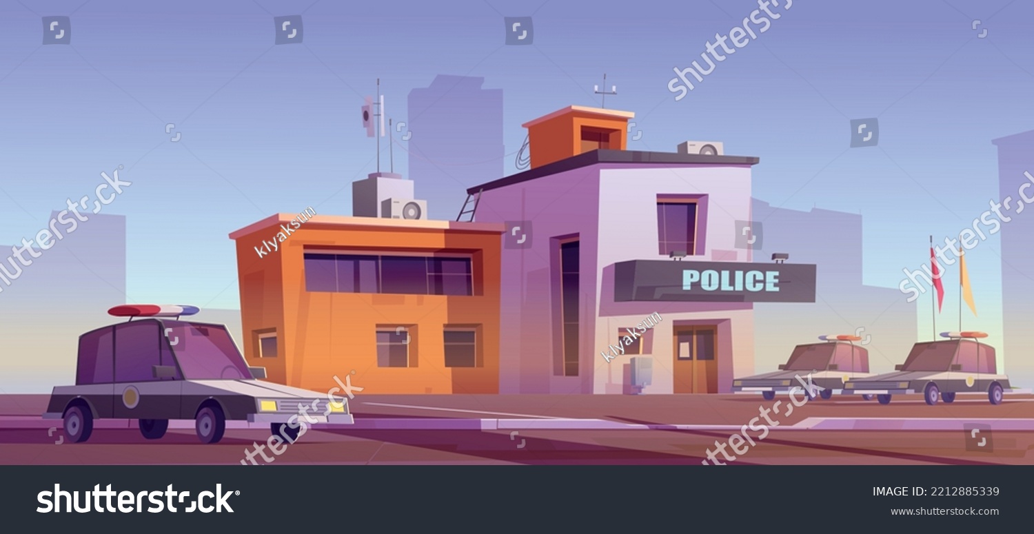 SVG of Cartoon police station building with patrol cars. Vector illustration of police department office and cityscape silhouettes on background. Law enforcemen and public order protection. Security guard svg