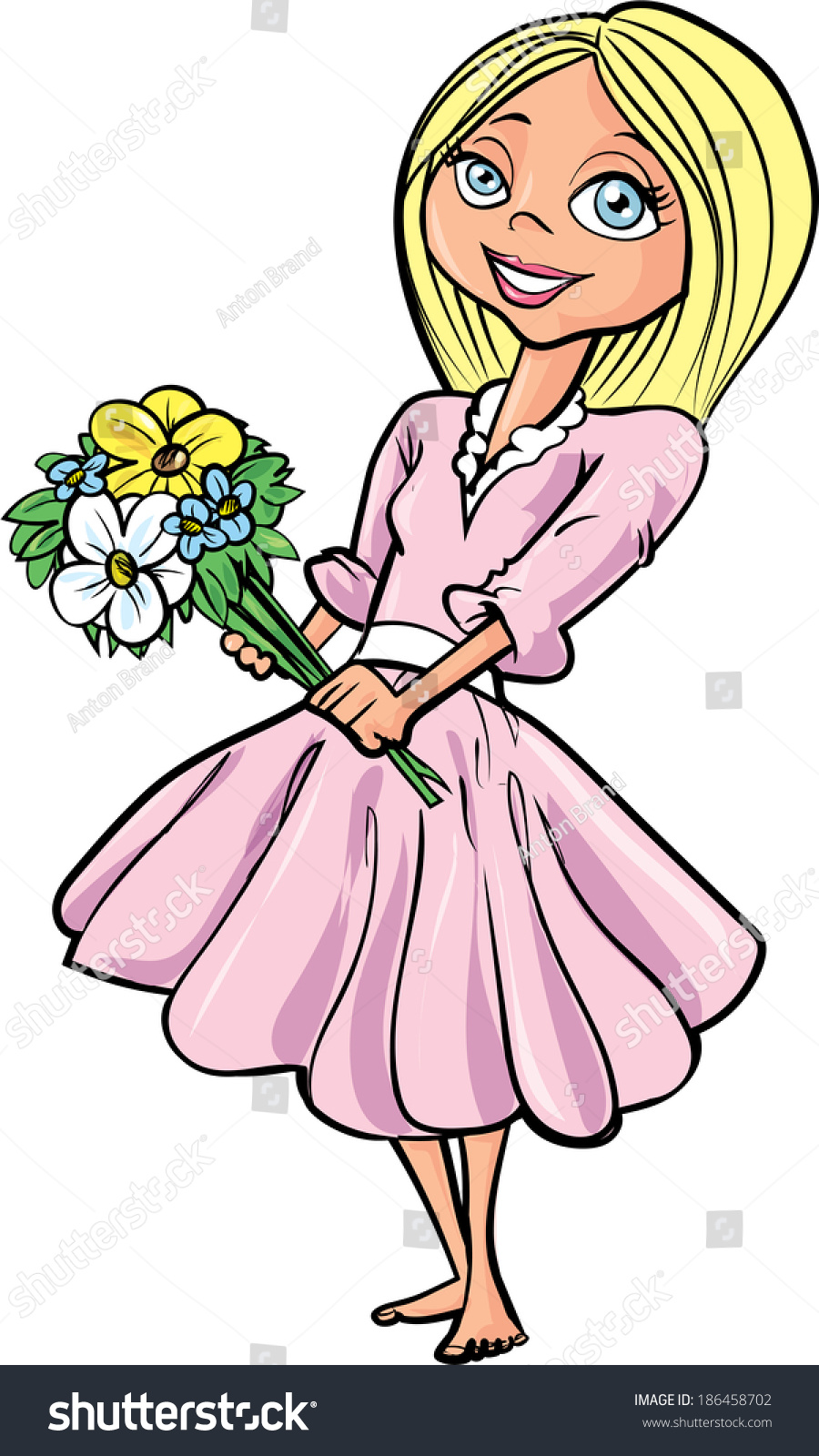 Cartoon Pretty Blond Girl Flowers Isolated Stock Vector Royalty
