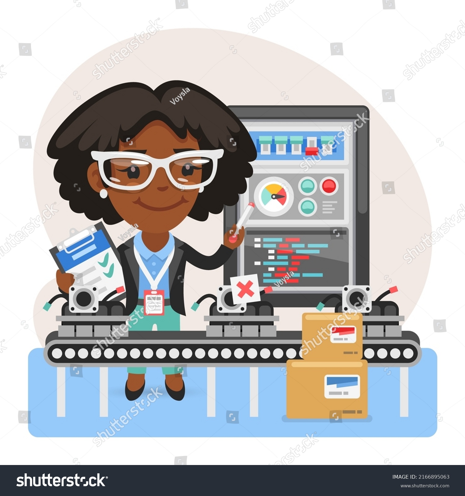 Cartoon Quality Inspector Checks Products On Stock Vector Royalty Free