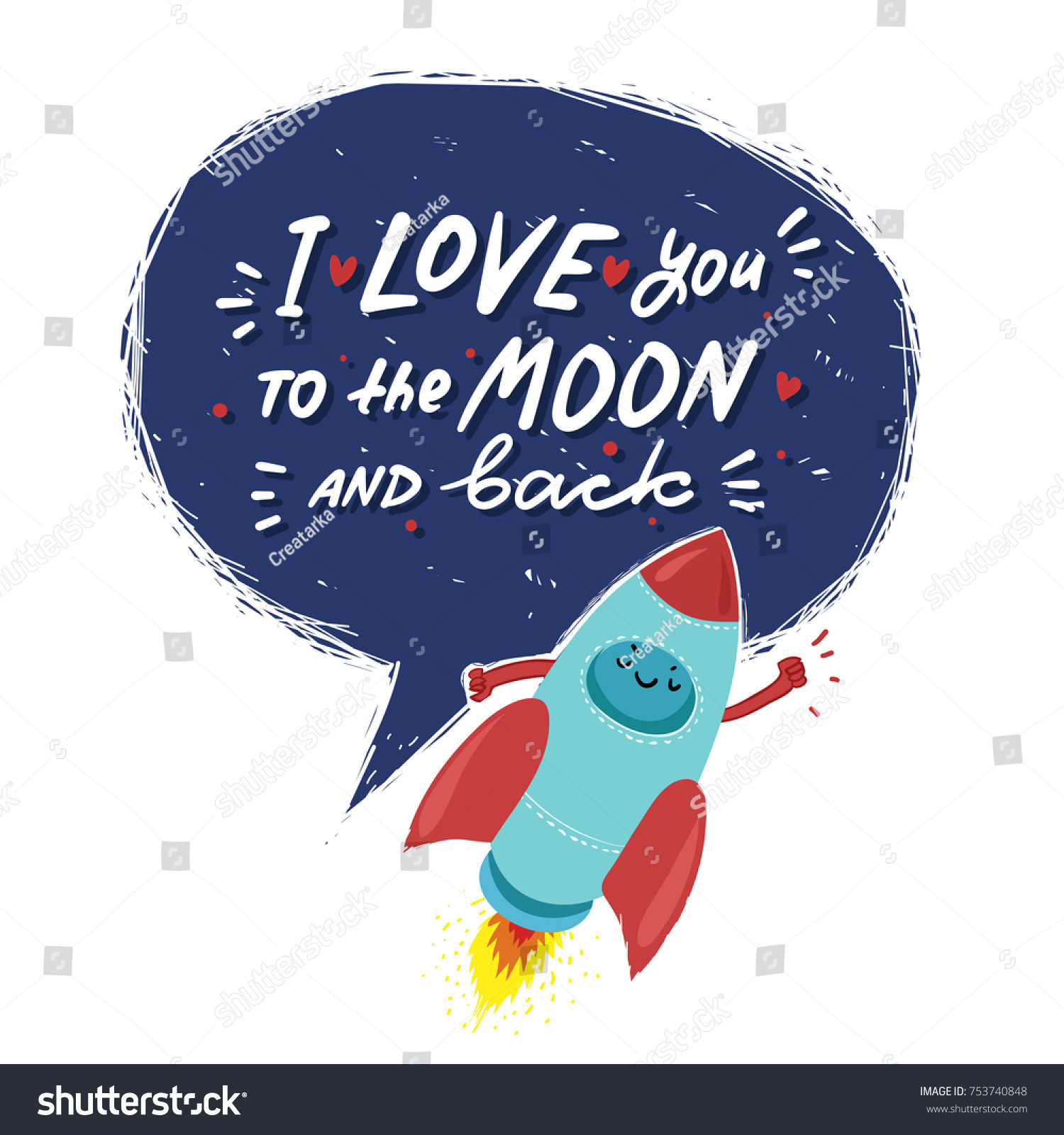 Cartoon Rocket Hand Drawn Lettering Love Stock Vector Royalty Free